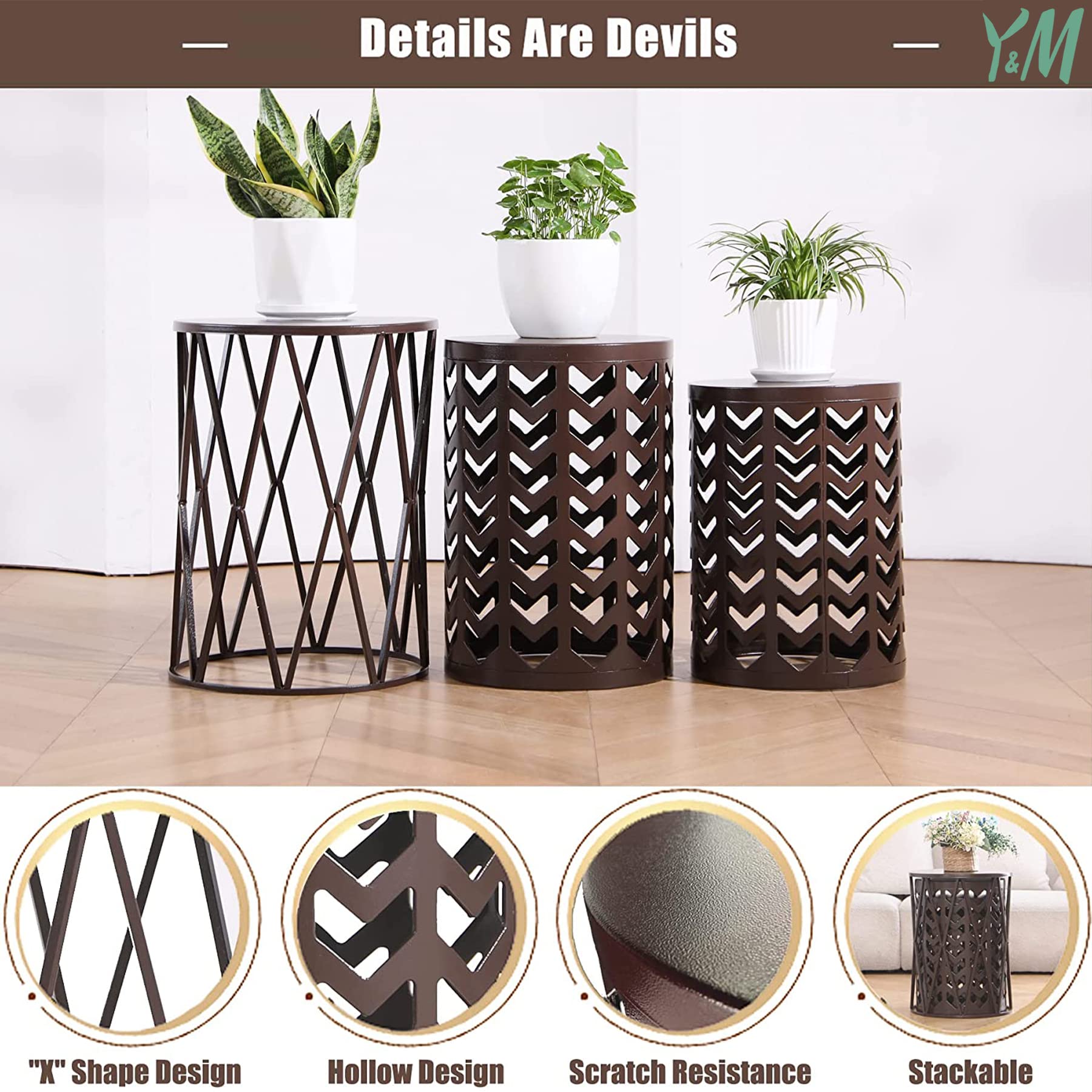 Y&M Nesting Side Table Set of 3 - Stackable Modern Industrial Coffee Tables for Living Room, Bedroom & Outdoor - Heavy Duty End Tables & Garden Stools - Pure Brown (US Shipping) | Perfect for Small Spaces, Patio Decor & Coffee Table Alternatives