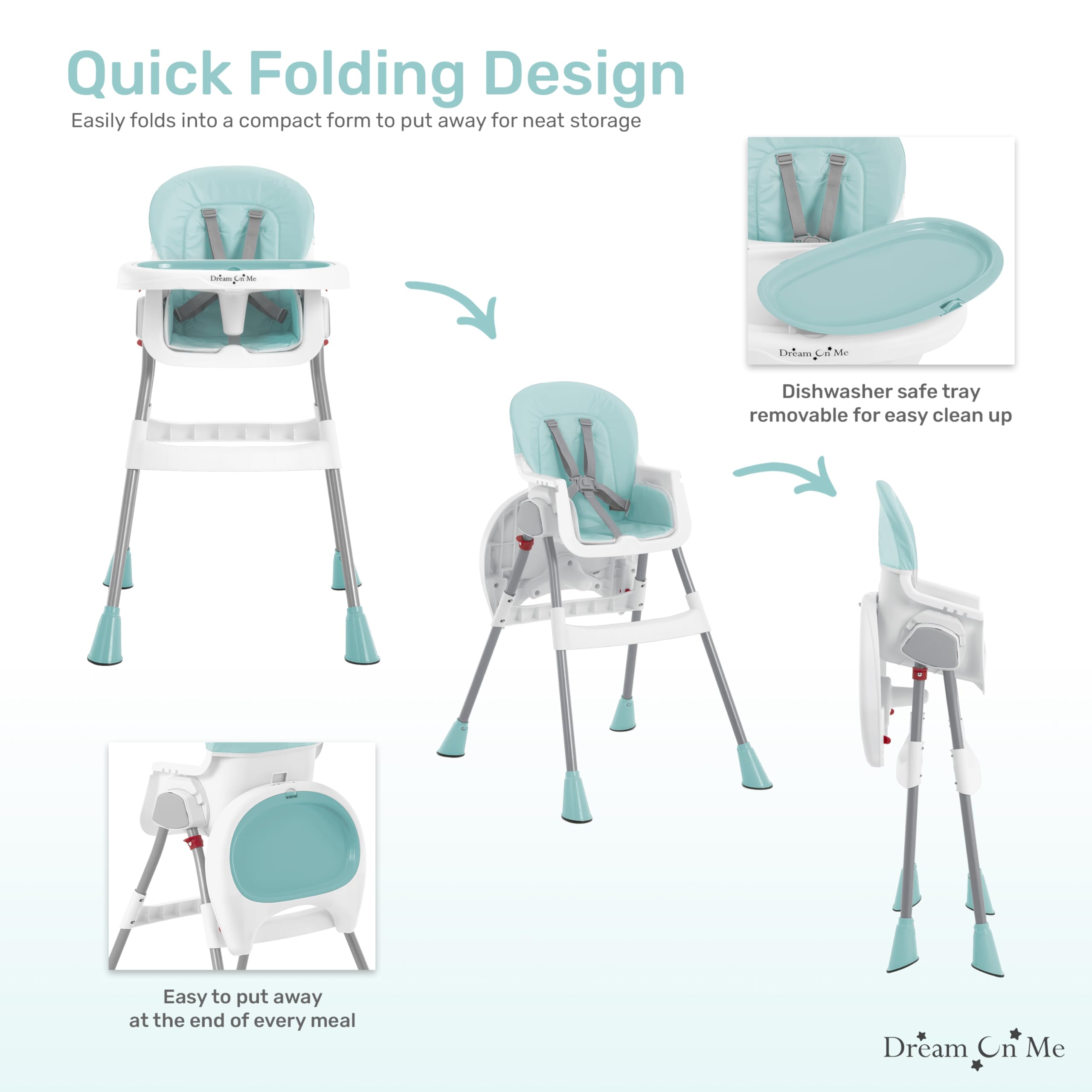 Dream On Me 2-in-1 Portable High Chair with Adjustable Height - Aqua Baby Dining Chair with Removable Tray | Lightweight & Easy Clean for Home, Travel & Outdoor Use