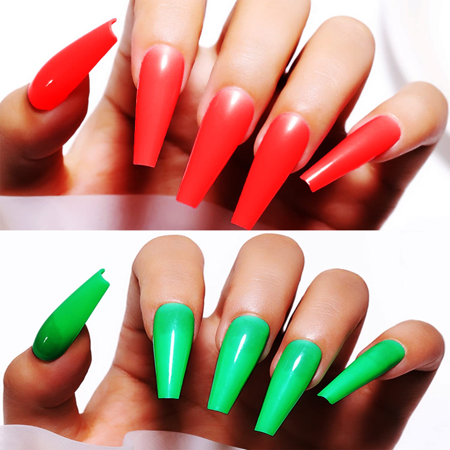 WorldWesties 12Pcs Mixed Color Coffin False Nails - Extra Long Green & Orange Acrylic Nail Tips (10 Sizes) for Women & Girls - Perfect for Halloween, Parties, Cosplay and Nail Art Designs