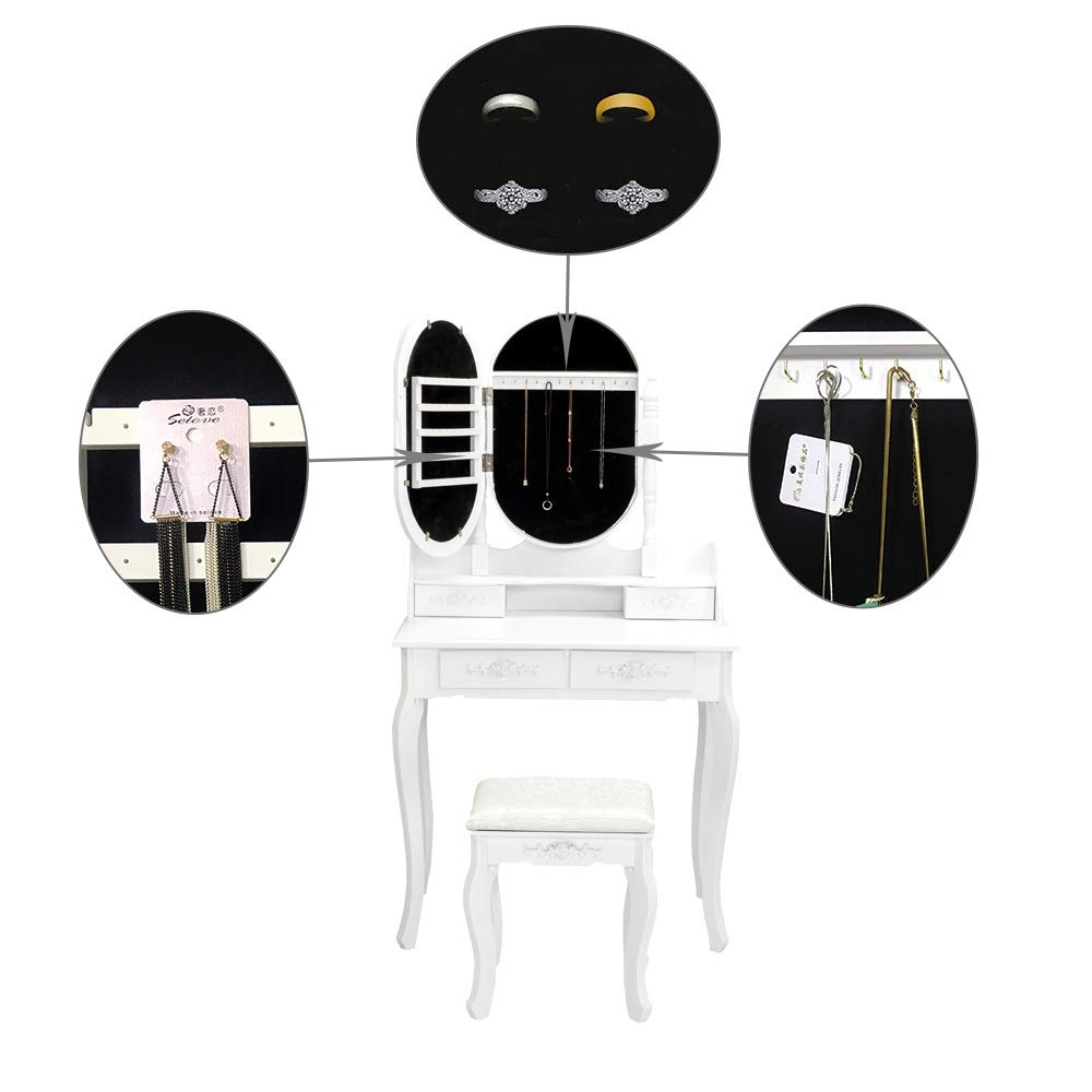 Vanity Table Set with Oval Mirror & Stool - Wooden Dressing Table with 4 Drawers & Jewelry Storage for Bedroom | Perfect for Makeup, Dressing & Organizing Jewelry