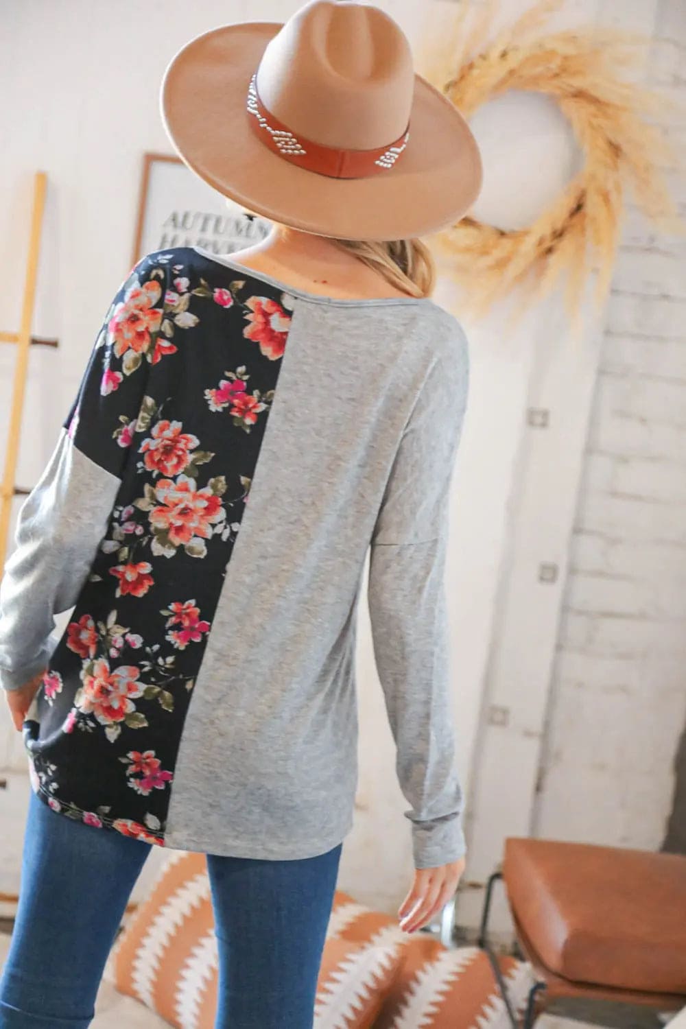 Elegant Grey & Black Floral Surplice Button Knit Top for Women - Casual Chic Blouse for Office, Date Night & Spring Outfits