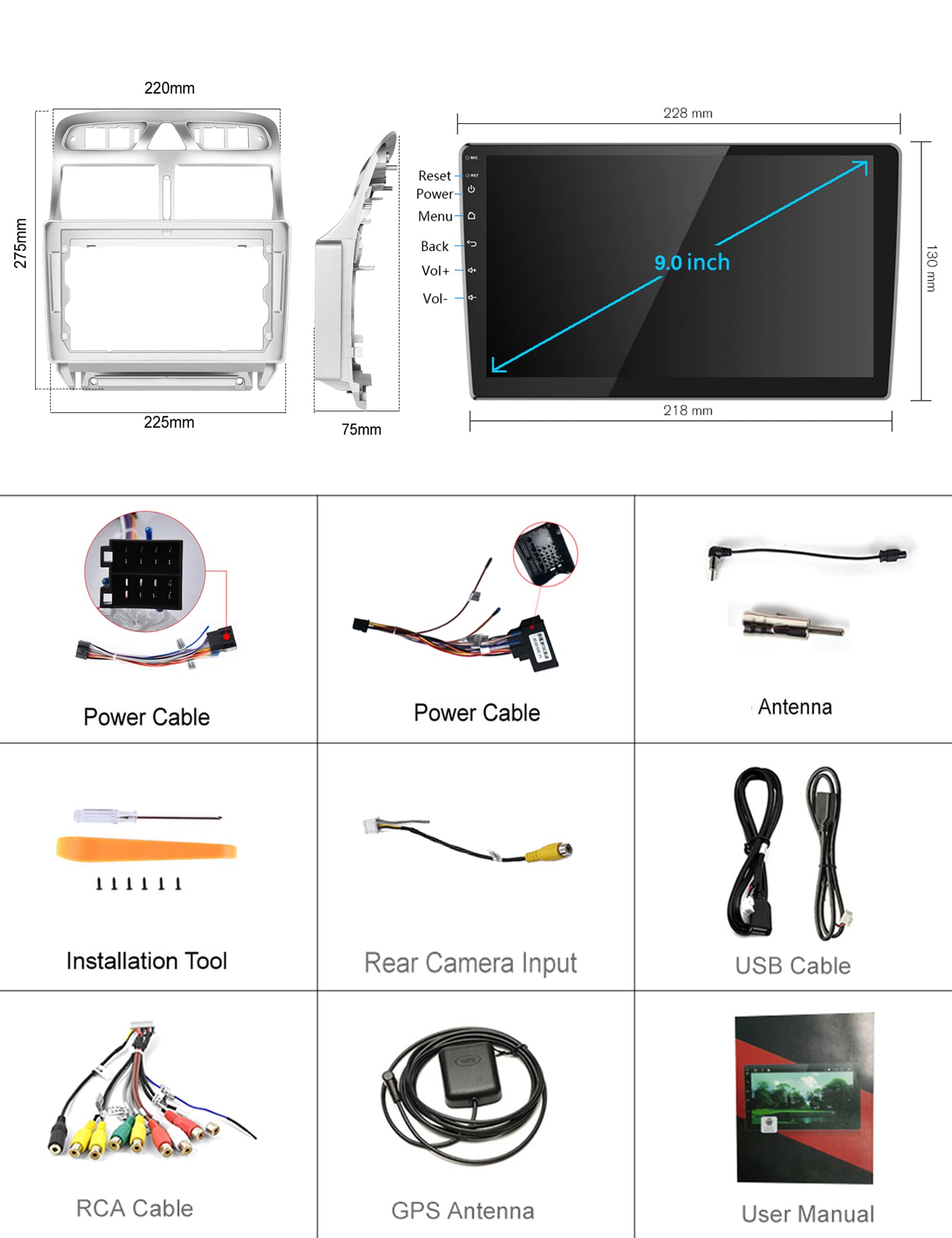 Podofo 9 Inch CarPlay Android Auto Touch Screen Radio for Peugeot 307 (2002-2013) - GPS Navigation, WiFi, Bluetooth, FM RDS, USB - High-Quality Car Stereo Player for Enhanced Driving Experience