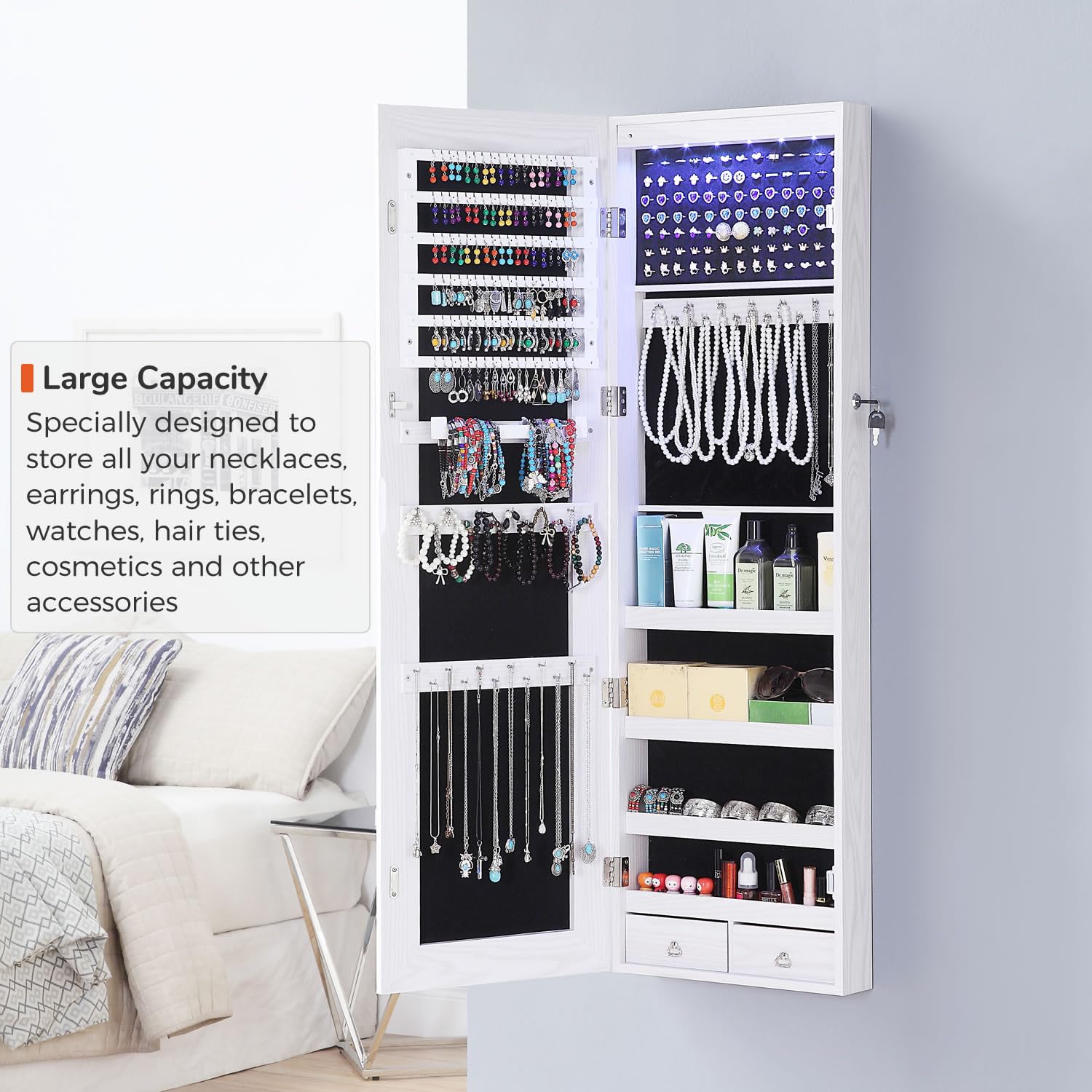 GISSAR Full Length Mirror Jewelry Cabinet with 6 LED Lights - Wall Mounted or Over The Door Hanging Jewelry Armoire - Lockable White Jewelry Organizer Storage for Bedroom, Closet & Dressing Room