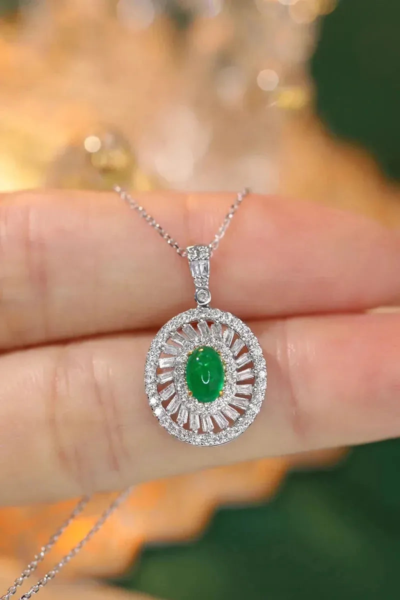18K White & Yellow Gold Diamond & Emerald Necklace for Women - Luxury Oval Pendant Wedding Jewelry - Perfect for Bridal, Anniversary & Special Occasion Gifts