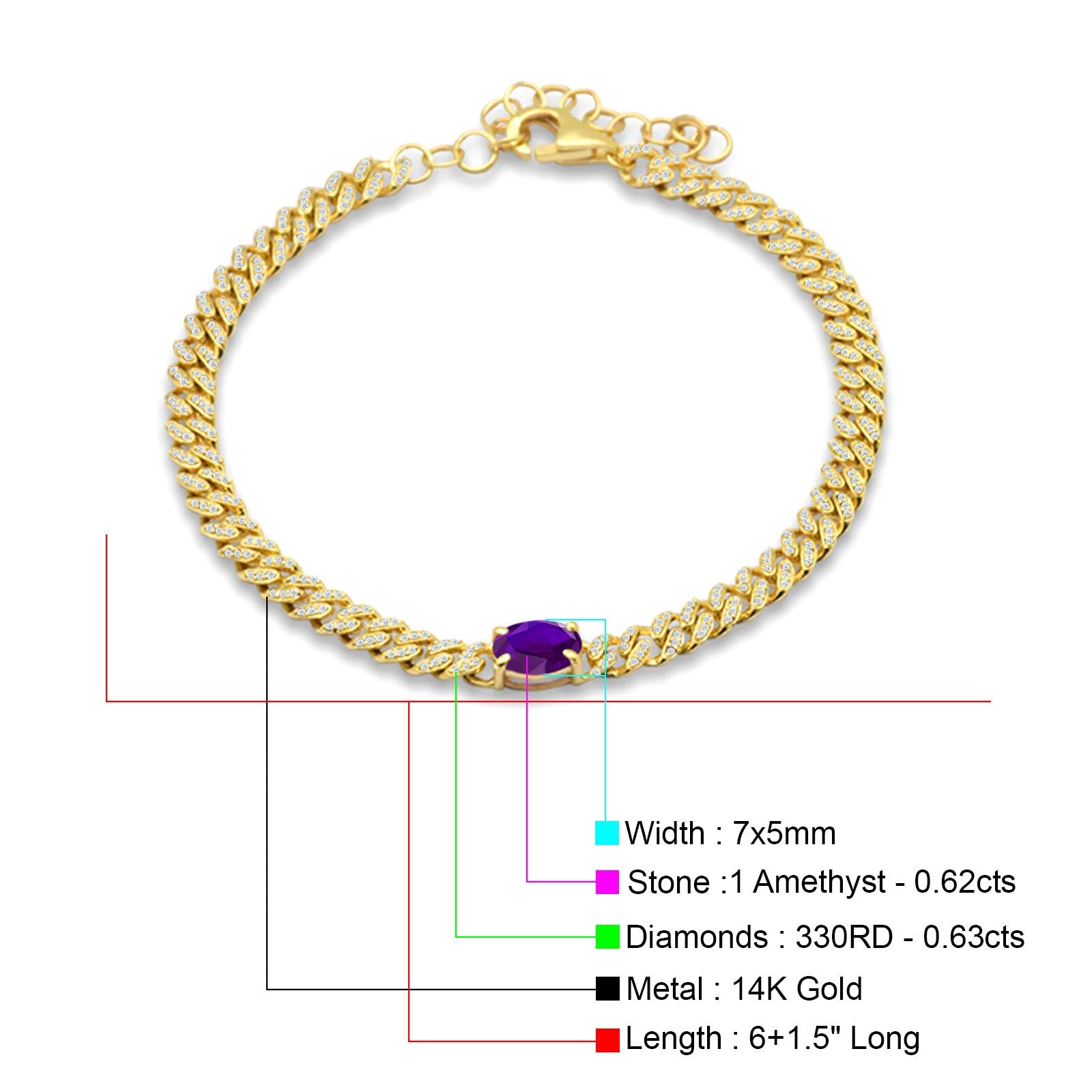 14K Yellow Gold Oval Amethyst Cluster Bracelet with Natural Diamonds - Elegant Cuban Link Chain for Women, Perfect for Weddings, Parties & Special Occasions
