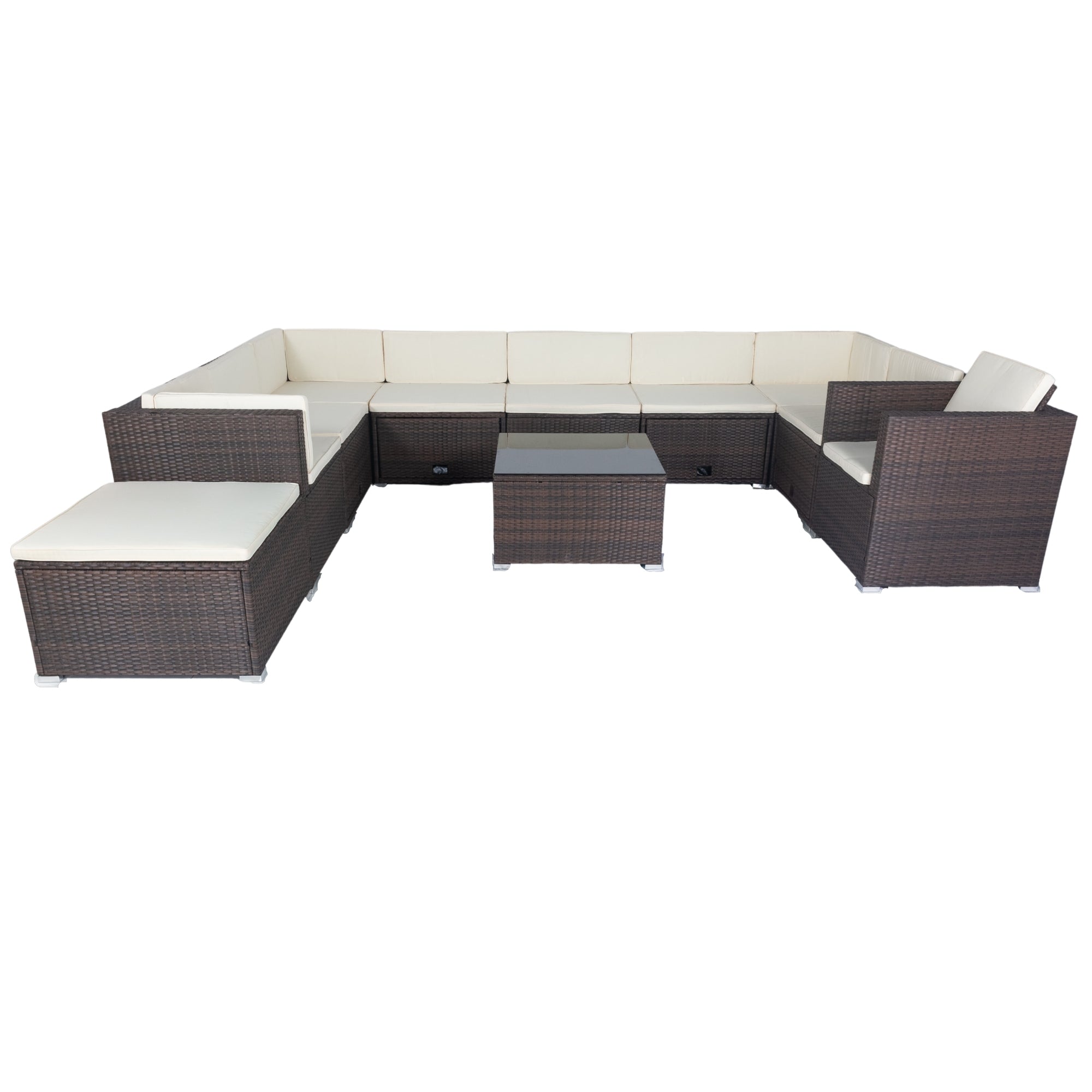 11-Piece Brown Wicker Patio Conversation Set with White Cushions - 10-Seater Outdoor Sectional Sofa with 3 Under-Seat Storage Boxes - Perfect for Backyard, Garden, Poolside & Patio Relaxation