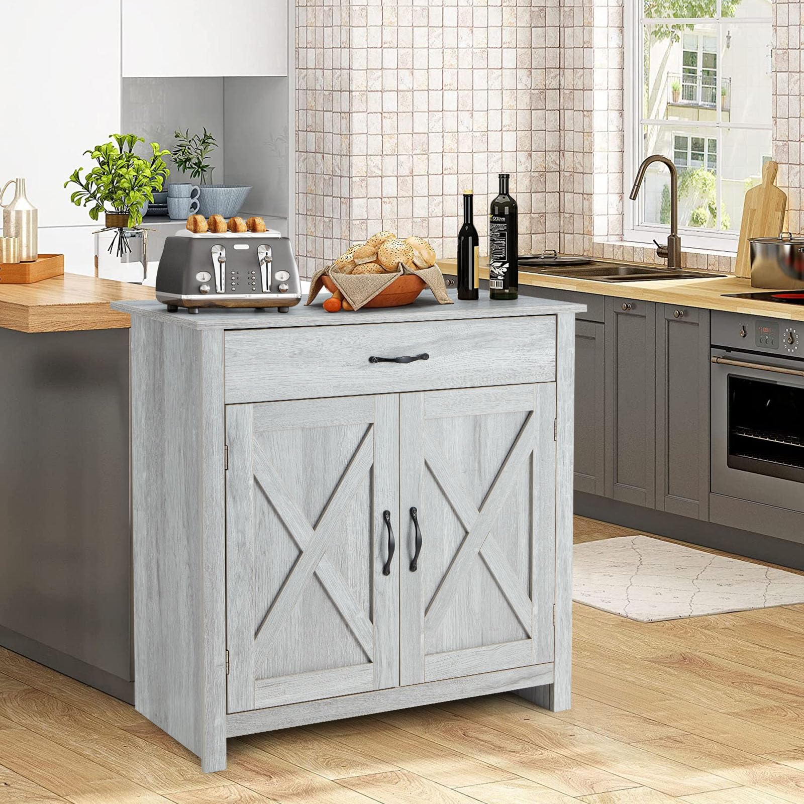 Modern Farmhouse Kitchen Sideboard Buffet Cabinet with Drawer & Adjustable Shelf - Grey Storage Cabinet for Coffee Bar, Dining Room, Entryway & Bathroom Organization | Perfect for Home Decor, Kitchen Storage & Small Space Solutions