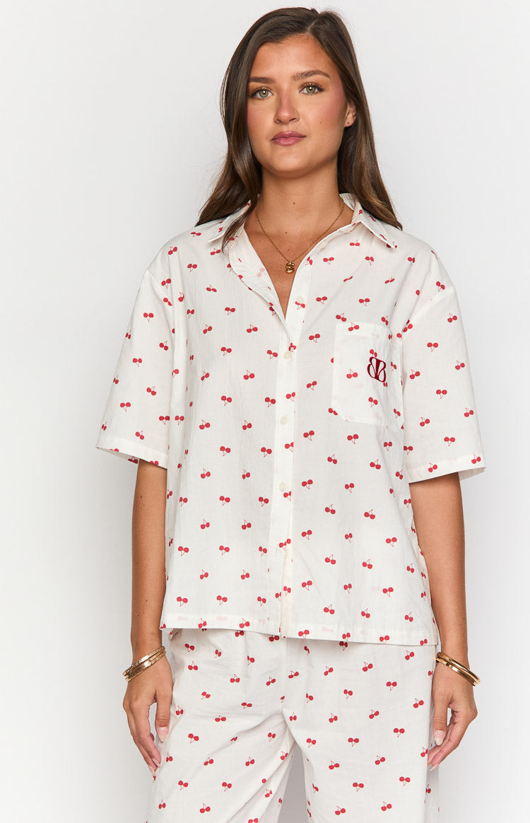 Alexea Women's Cherry Print Pajama Shirt - Soft Cotton Sleepwear for Women - Perfect for Nighttime Relaxation & Lounging at Home