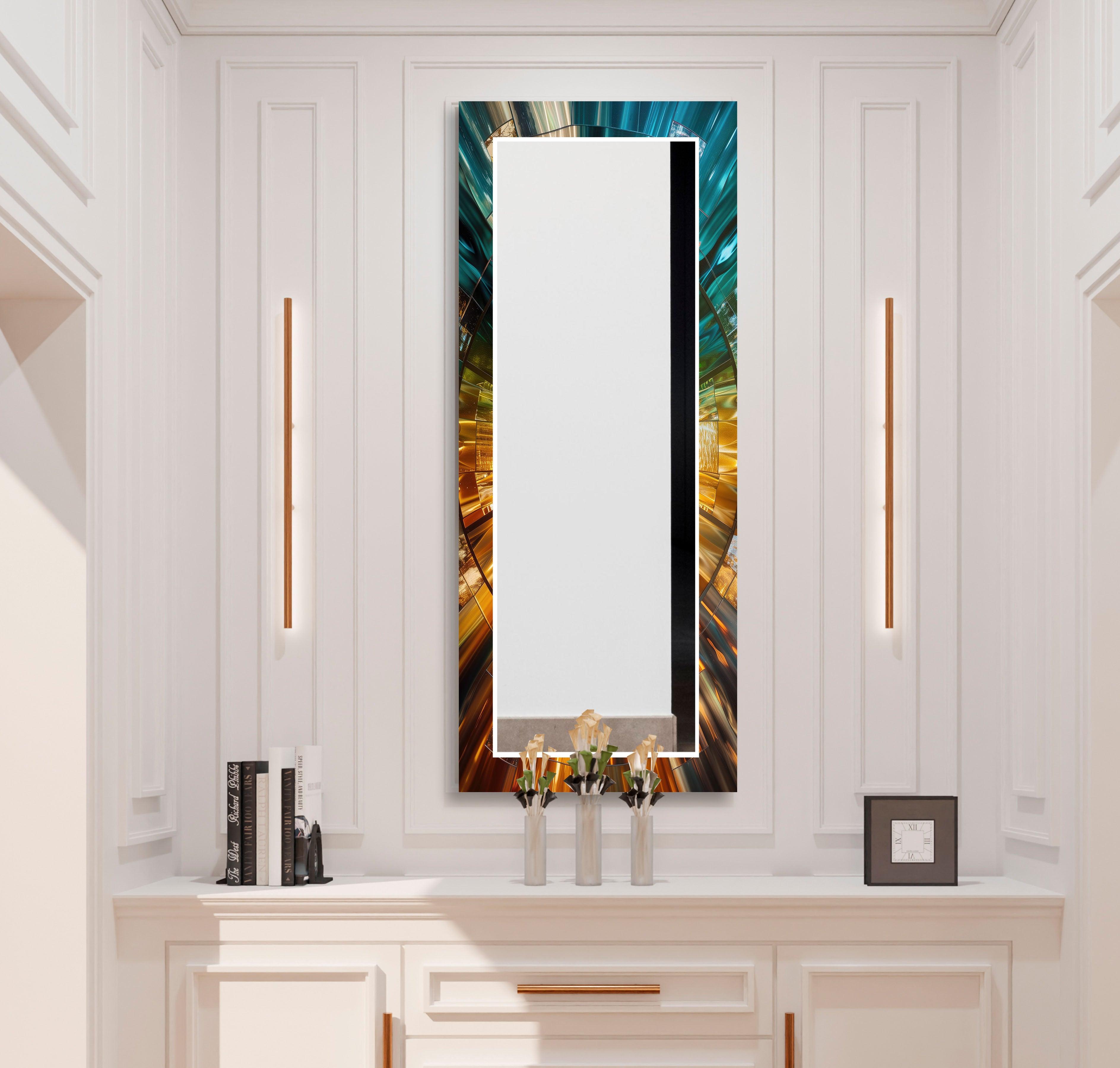 Blue and Gold Abstract Wall Mirrors - Modern Decorative Mirror for Living Room, Bedroom & Entryway - Stylish Home Decor Accent Piece
