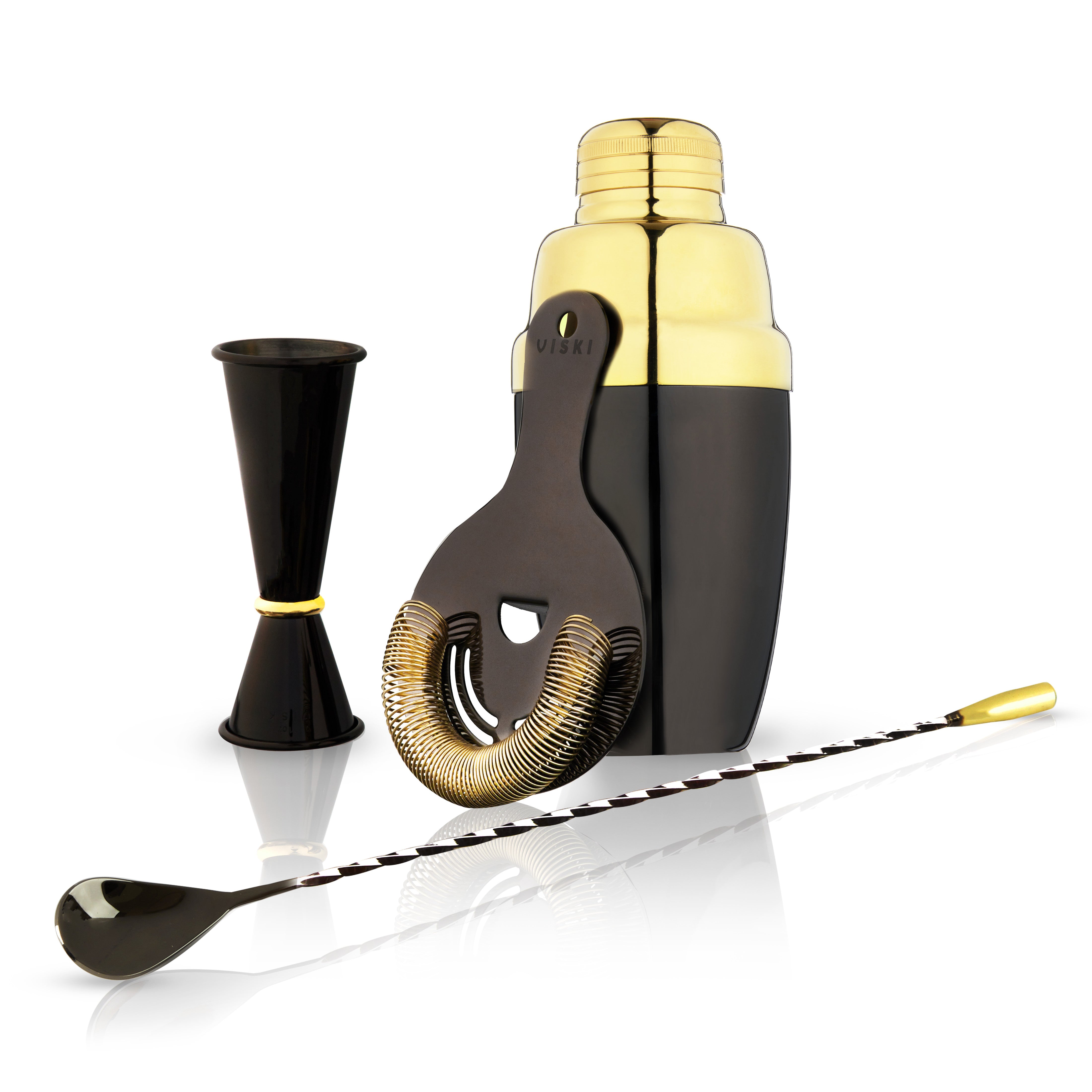Premium 4-Piece Stainless Steel Barware Set - Black & Gold Cocktail Shaker, Jigger, Strainer & Spoon - Perfect for Home Bars, Cocktail Parties & Mixology Enthusiasts