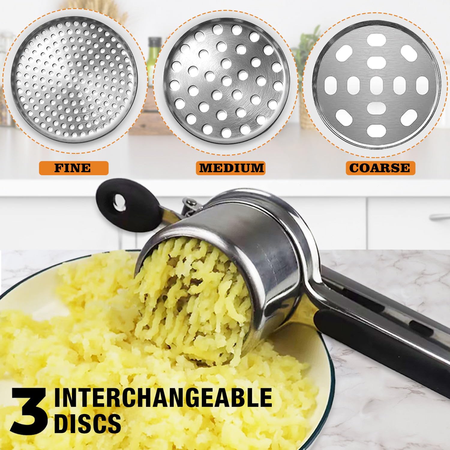 Premium AIDOIT 15oz Stainless Steel Potato Ricer & Masher - Heavy Duty with 3 Interchangeable Discs for Smooth Mashed Potatoes, Baby Food & Fruit Press - Perfect for Kitchens, Restaurants & Meal Prep