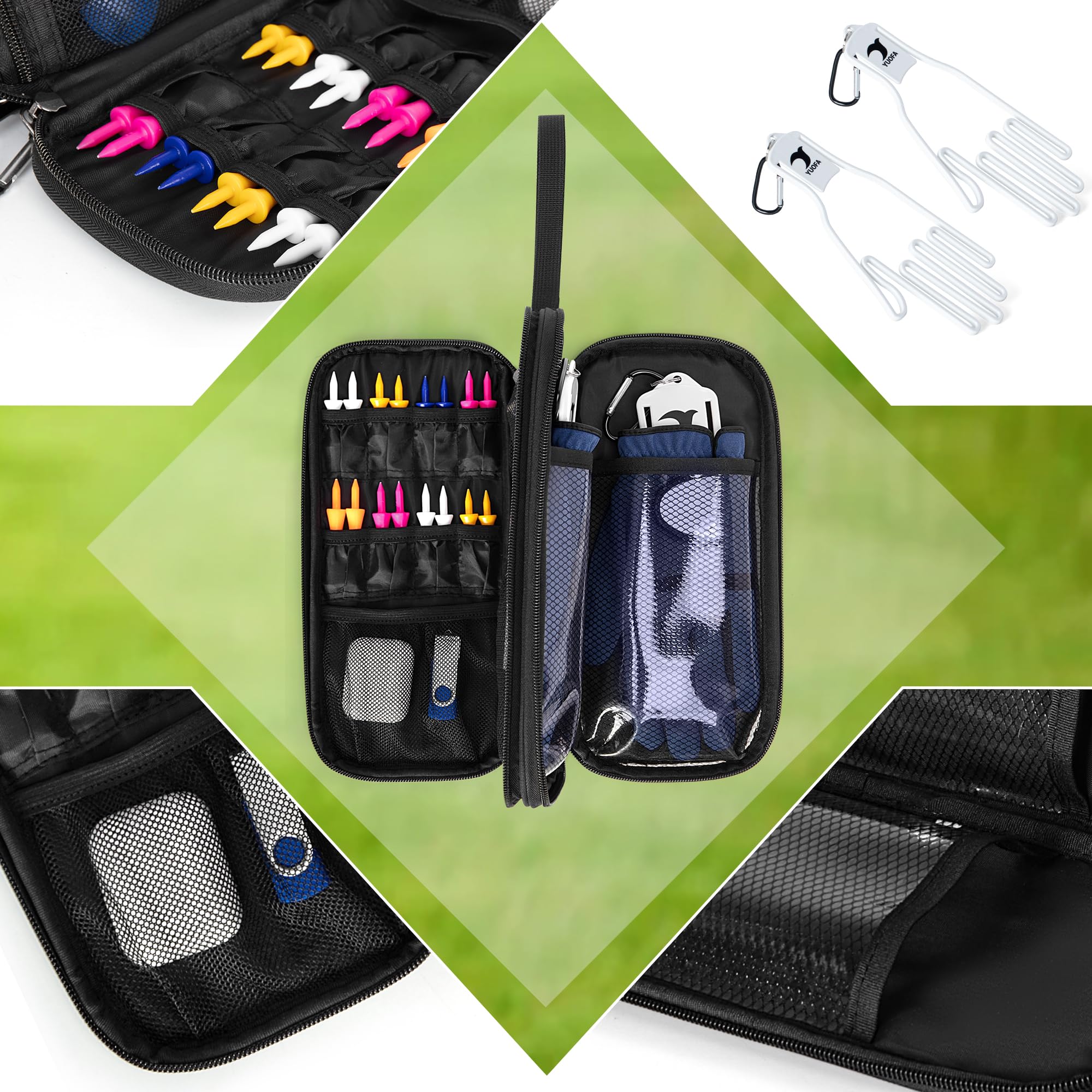 Premium Golf Glove Holder & Case with Hook – Includes Glove Stretcher, Storage for Tees, Ball Markers & Phone – Durable Golf Accessories Organizer for Golfers | Perfect for Driving Range, Practice & On-Course Essentials