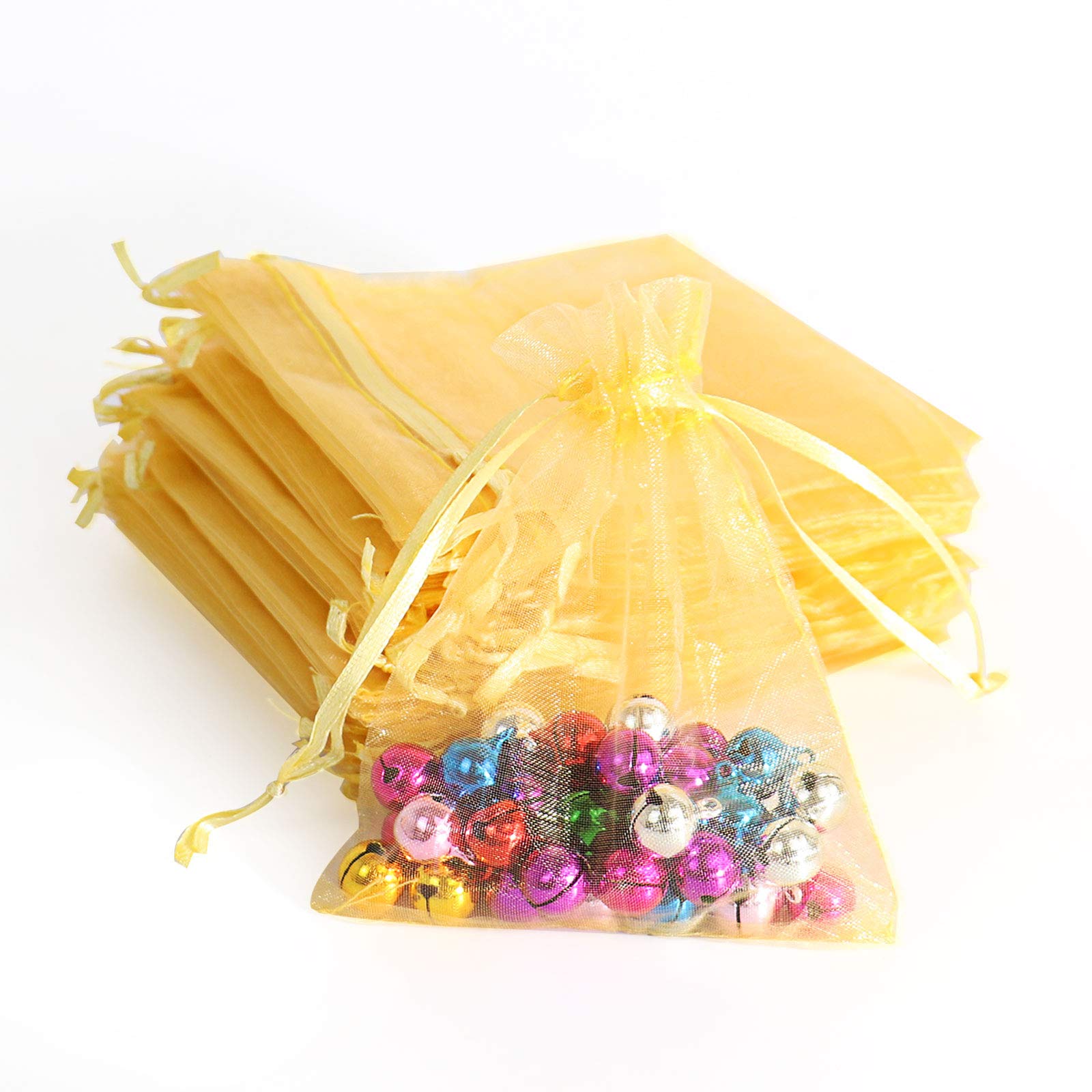 Lautechco 100Pcs 3x4 Inches Golden Organza Gift Bags - Small Mesh Drawstring Pouches for Wedding Favors, Jewelry Packaging, Christmas Gifts & Party Decorations