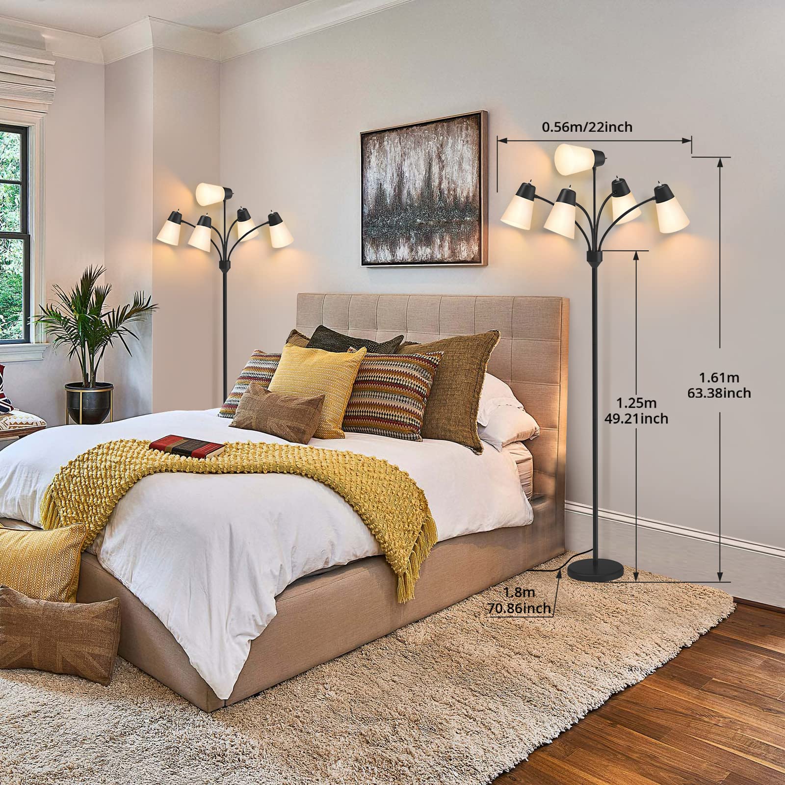 FOLKSMATE 5-Head LED Floor Lamp - Modern Adjustable Tall Standing Light with Rustic Black Finish for Living Room, Bedroom & Office Decor