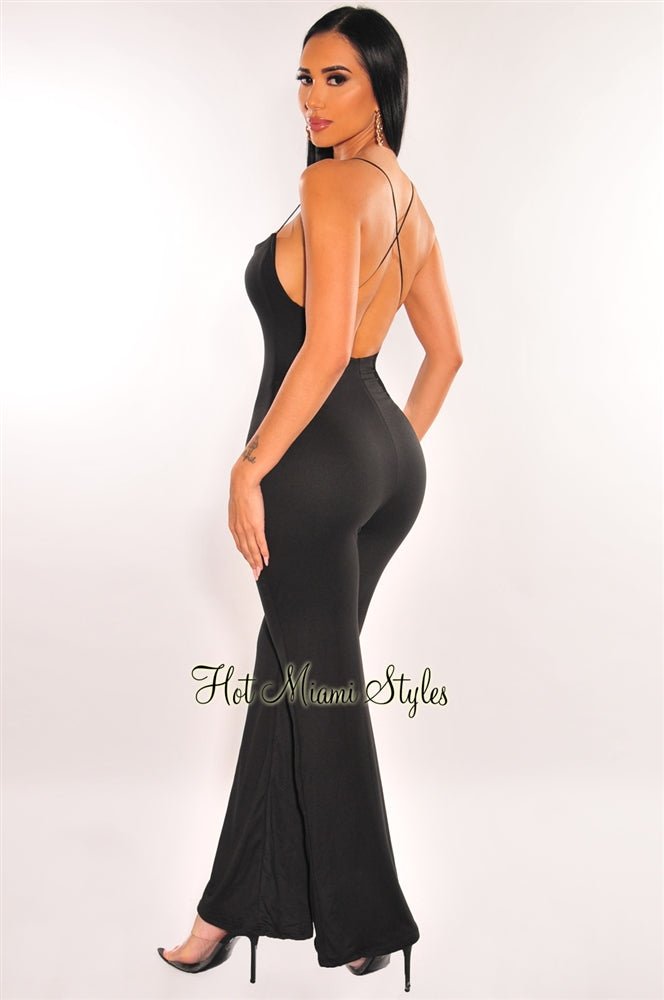 Black Elastic Straps Crisscross Palazzo Jumpsuit for Women - Comfortable Wide Leg Romper with Adjustable Waist - Perfect for Summer, Beach, and Casual Outings