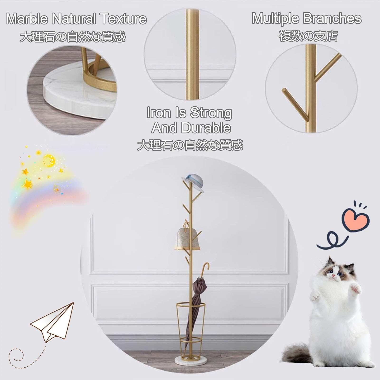 Stylish Metal Umbrella Stand with Coat Rack - Heavy Duty Entryway Organizer with Marble Base & Multiple Hooks for Hats, Bags & Accessories (Gold & Black) - Perfect for Foyer, Porch, Mudroom & Home Decor