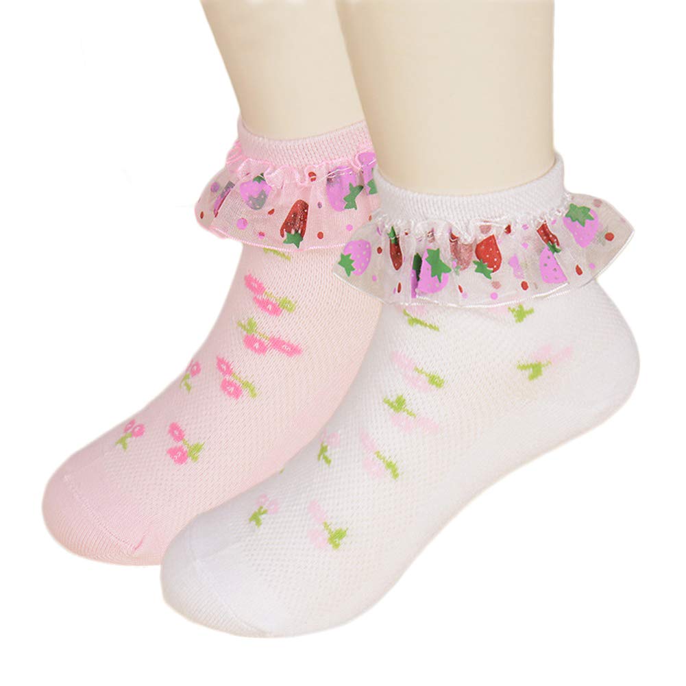 Cute Toddler Girl Ankle Socks - Lace Eyelet Frilly Socks with Ruffles & Bow Knots - Strawberry Print 2-Pack - Perfect for Dress Up, Parties & Everyday Wear