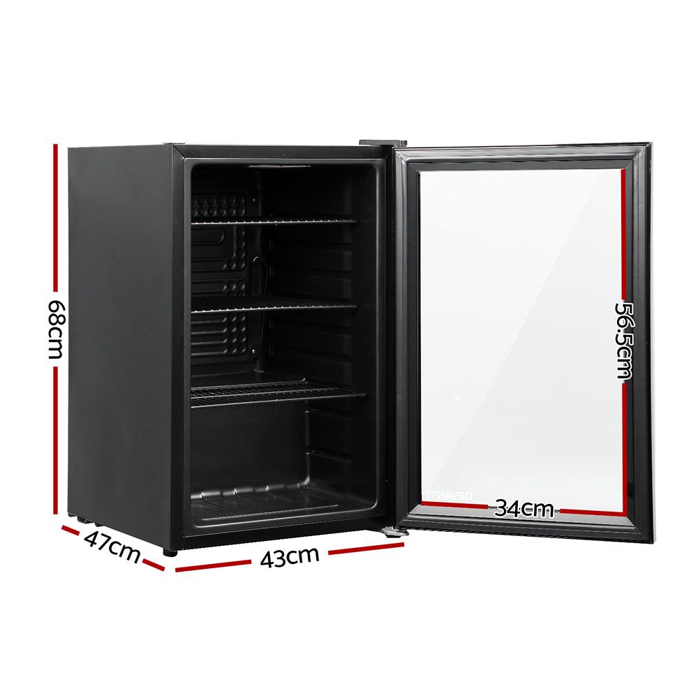 Devanti 70L Mini Bar Fridge with Glass Door and Interior Light - Compact Black Refrigerator for Home, Office, Dorm, or Entertainment Room