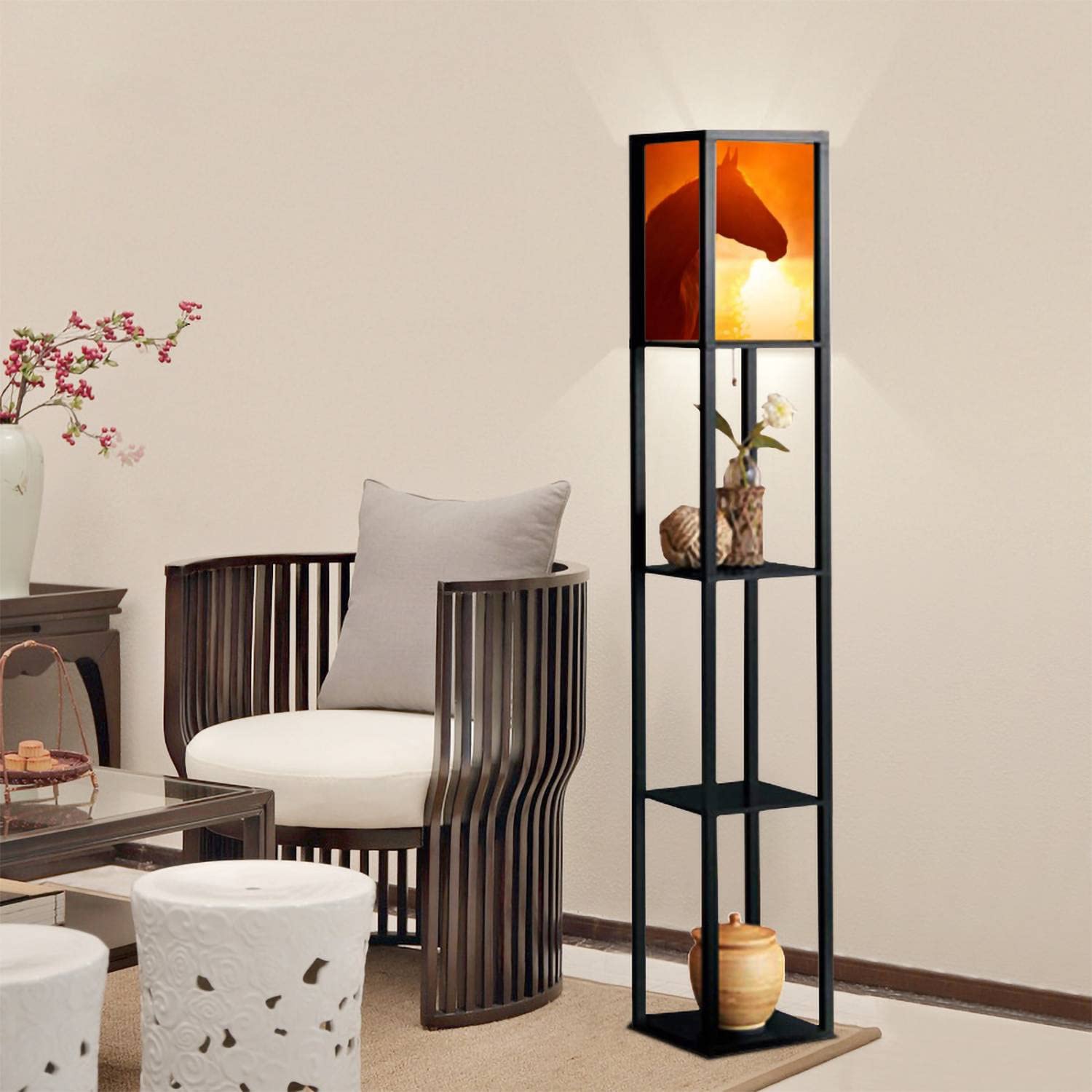 JITHCG Sunrise Horse Silhouette Floor Lamp with Shelves & Flaxen Fabric Shade - Tall Corner Standing Lamp for Living Room, Bedroom, Office | Aesthetic Home Decor & Reading Light