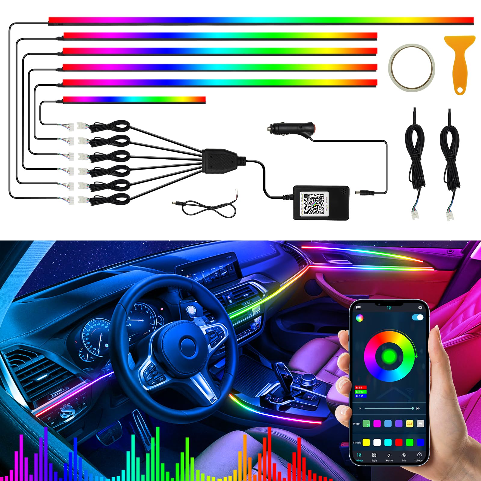Interior LED Strip Lights for Cars - 175 Inch 593 LED Wireless APP Control, Dynamic Dreamcolor Chasing, 6-in-1 Car Ambient Lighting Kit with Sound-Active Function | Perfect for Car Interior Decoration, Mood Lighting & Party Atmosphere