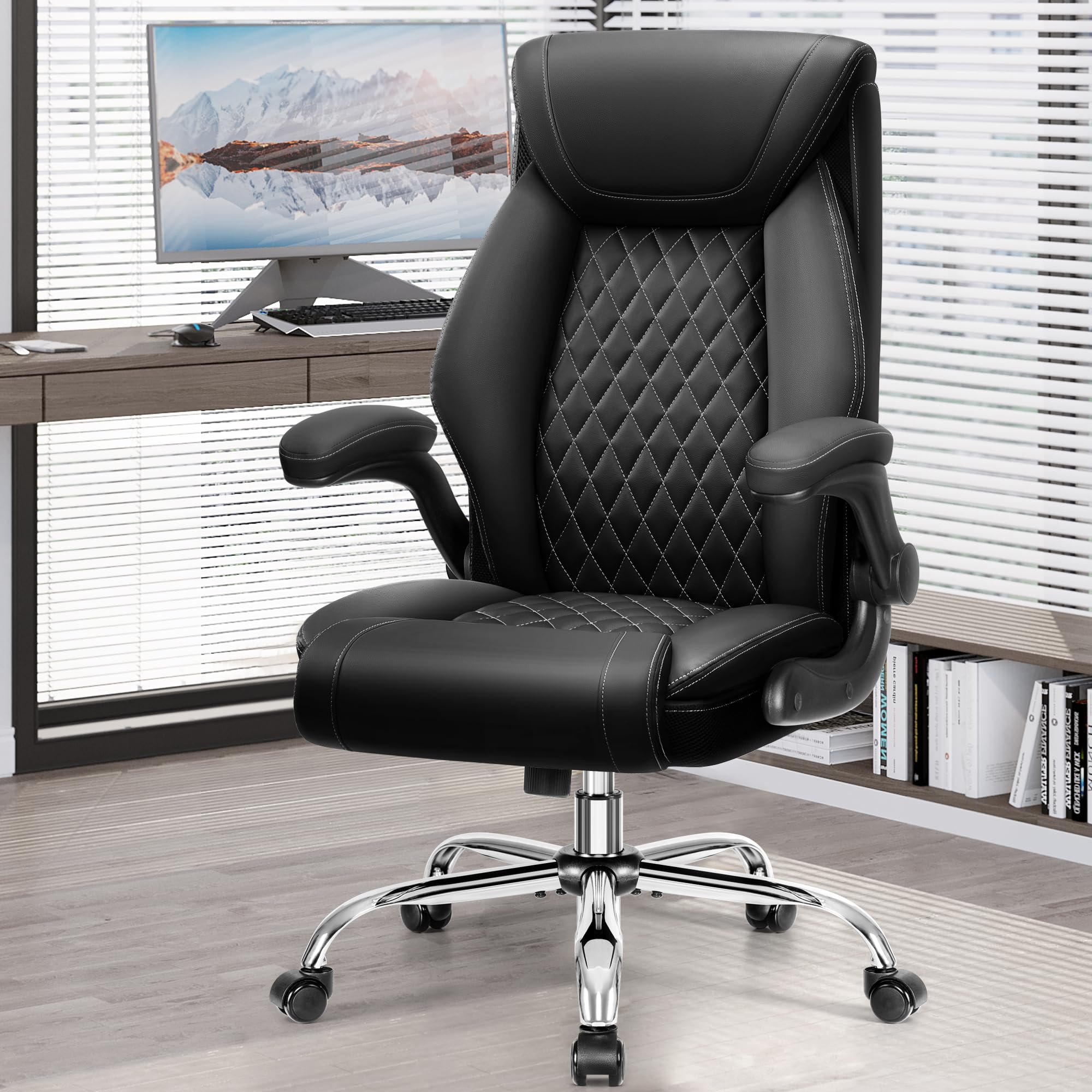 Ergonomic High Back Office Chair with Lumbar Support - Big & Tall Breathable Leather Desk Chair for Home & Office - Adjustable Flip-Up Armrests & Rocking Function - Perfect for Long Work Hours, Gaming & Computer Use