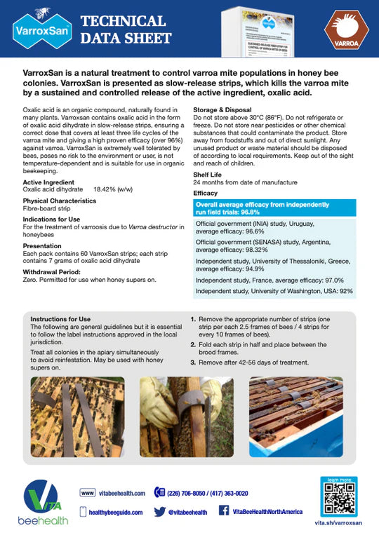 VarroxSan Slow Release Oxalic Acid Strips for Honey Bee Mite Treatment - Effective Varroa Mite Control for Beekeeping Supplies