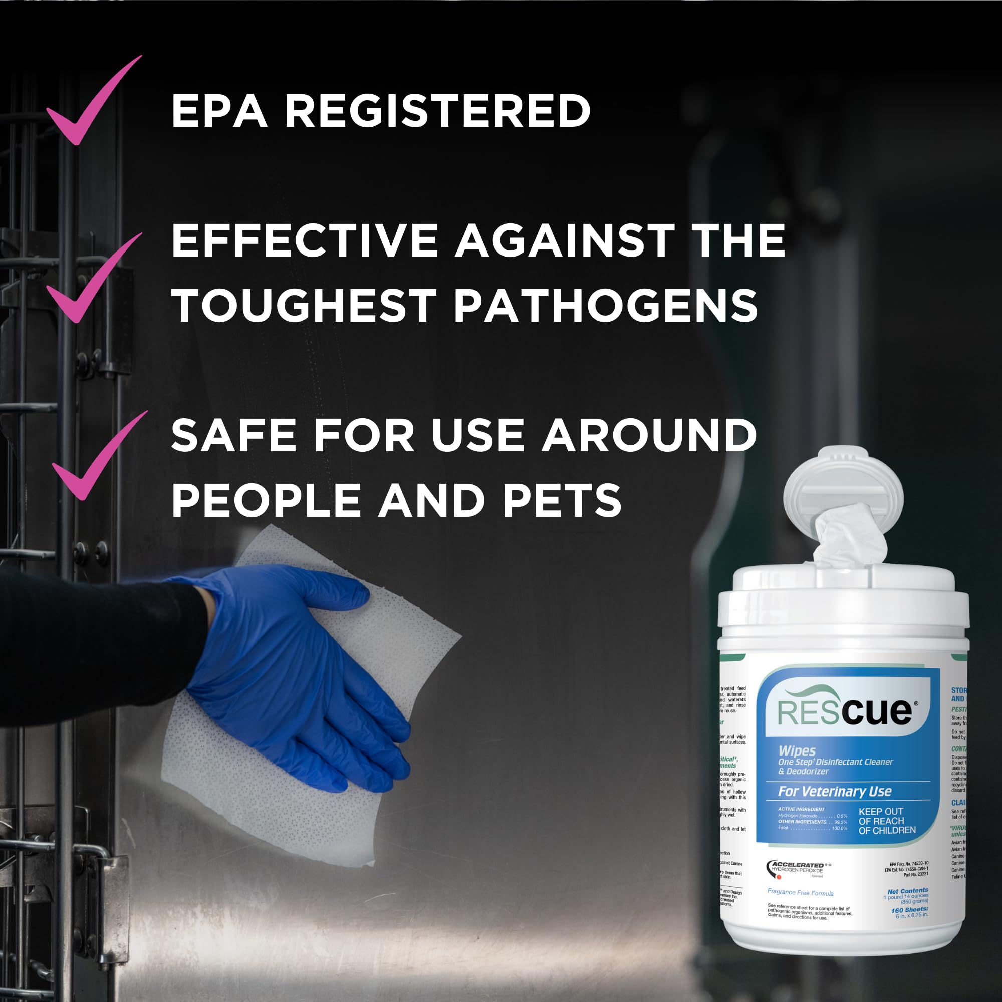 REScue One-Step Disinfectant Cleaner & Deodorizer Wipes - 160 Count (Pack of 12) | Veterinary Grade Sanitizing Wipes for Kennels, Litter Boxes, Pet Grooming & Vet Clinics | Kills Germs & Eliminates Odors | Safe for Pets & Surfaces