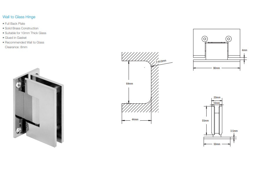 Perth Series Frameless Glass Shower Screen with Full Back Plate Hinge in Polished Chrome - Perfect for Modern Bathroom Renovations and Spa-Like Showers