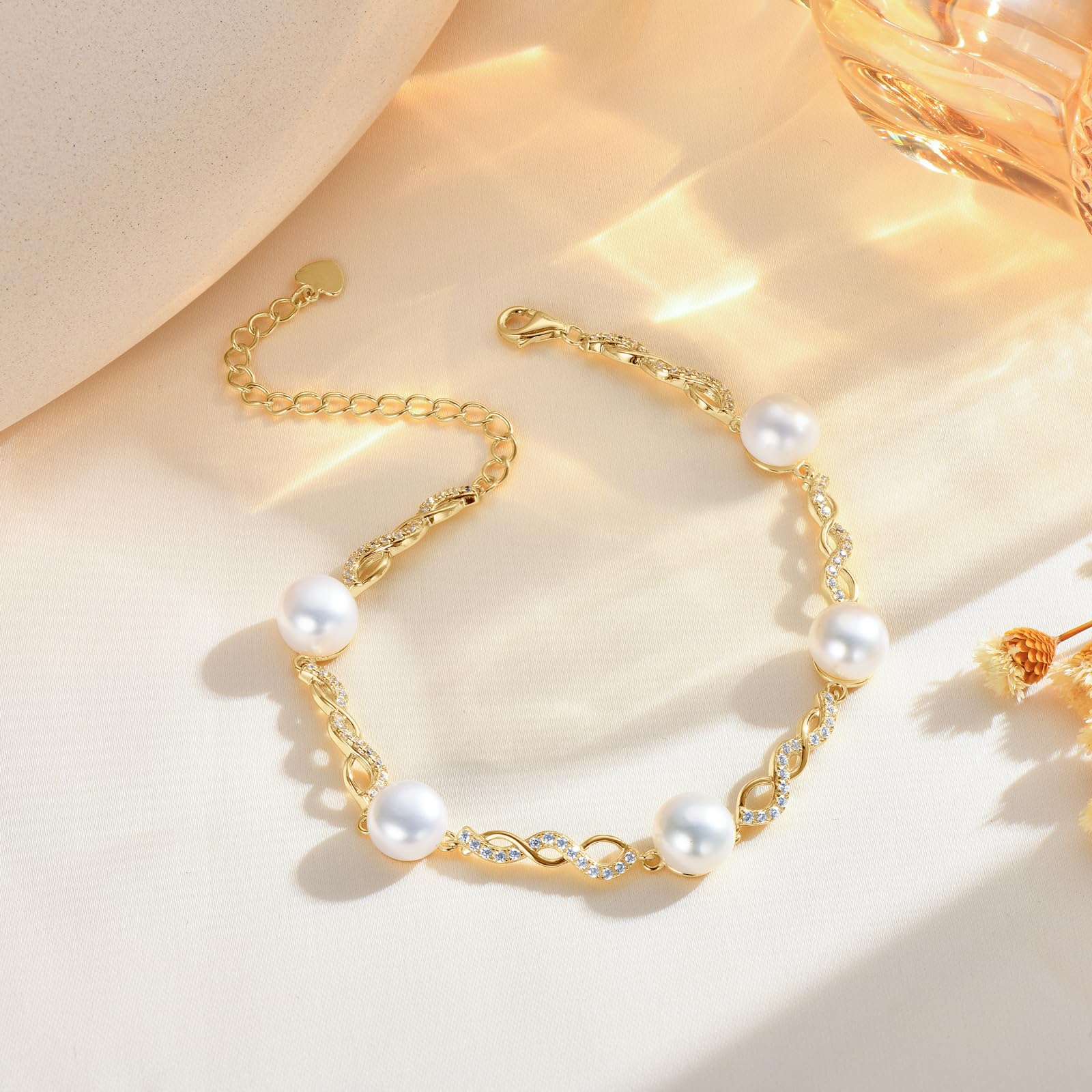Elegant Sterling Silver & Gold Plated Freshwater Pearl Bracelet for Women - Handmade Infinity Design Jewelry for Weddings, Parties & Gifts