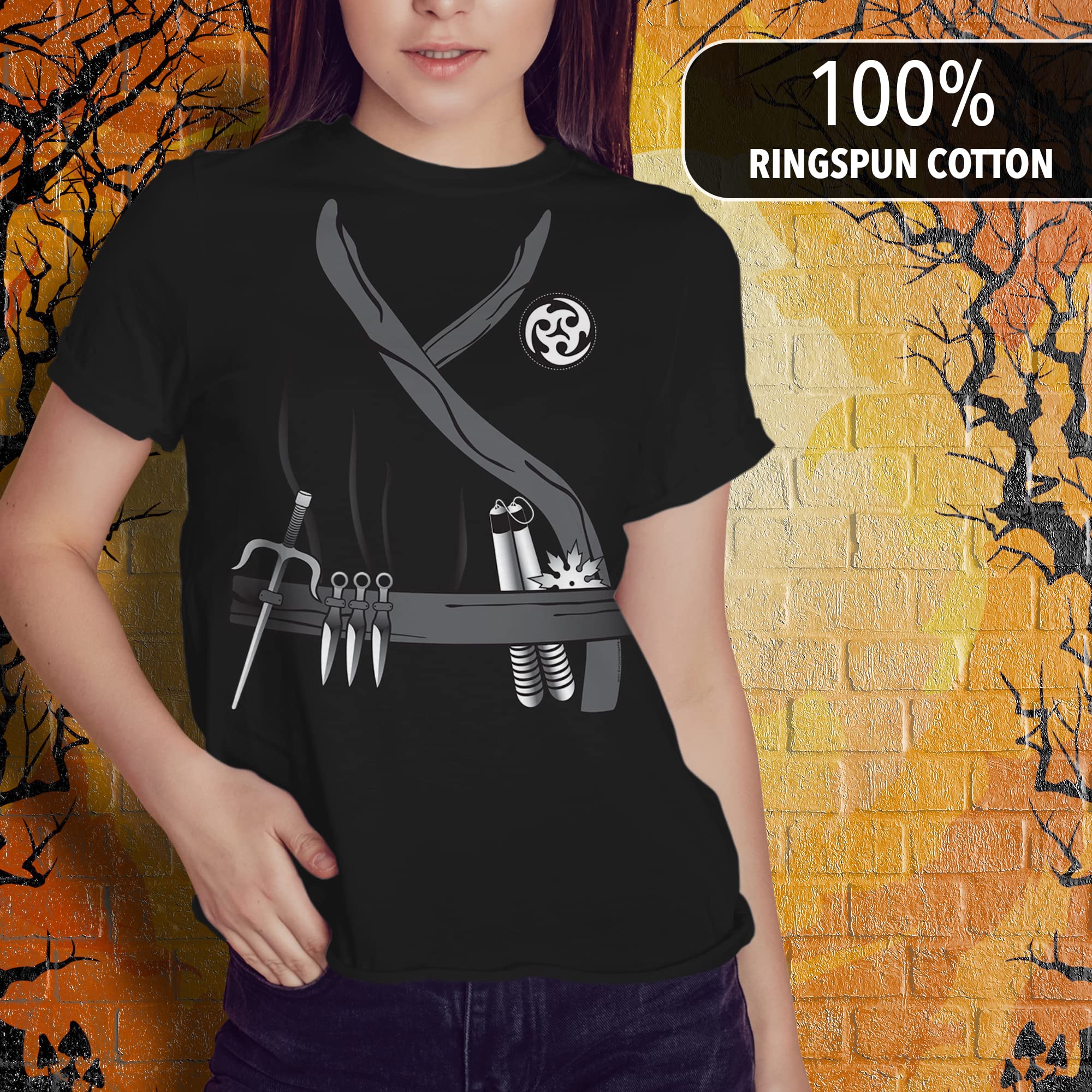 Halloween Ninja Assassin Costume for Women - Black Soft T-Shirt with Long Sleeves | Perfect for Cosplay, Halloween Parties & Themed Events