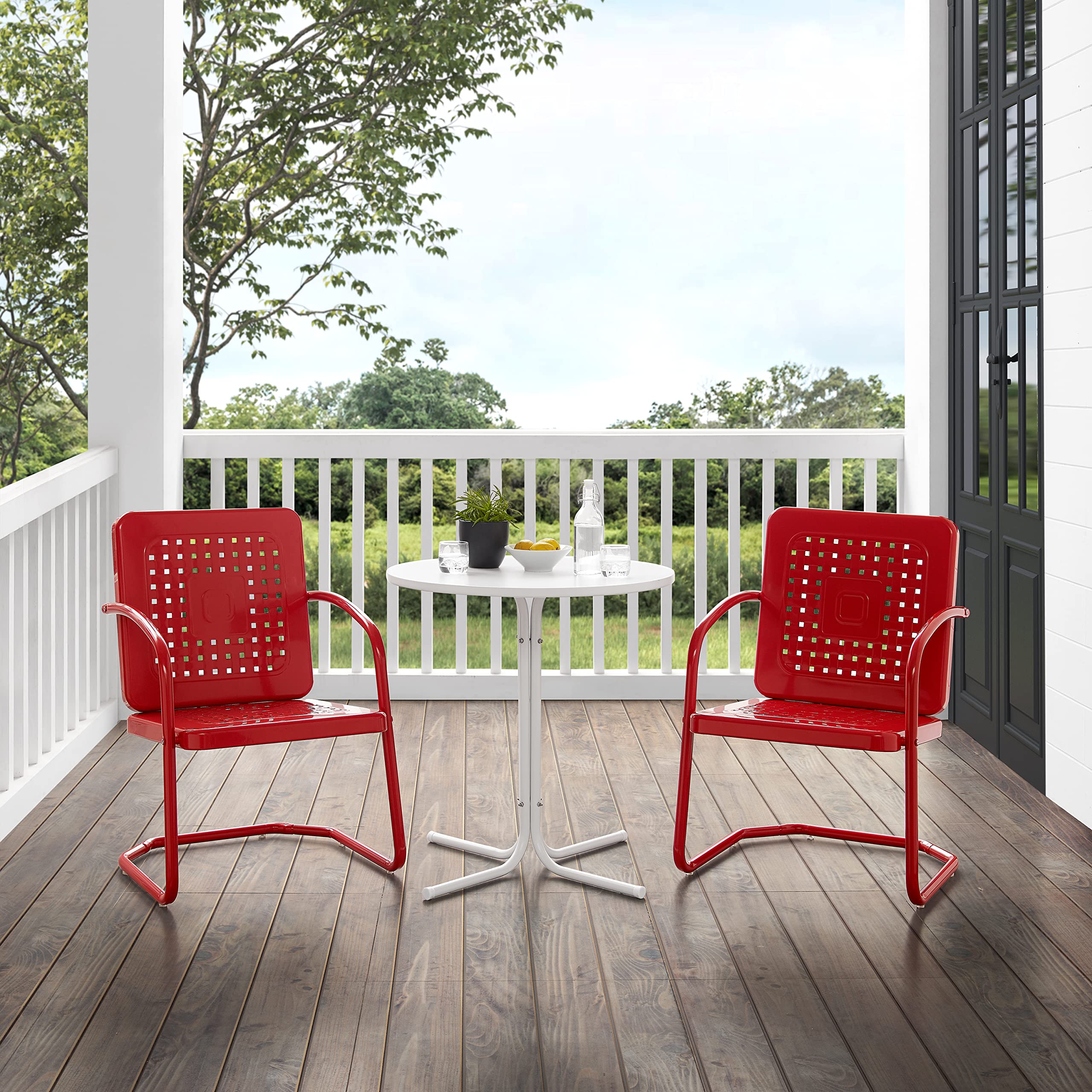 Crosley Furniture Bates 3-Piece Outdoor Bistro Set - Retro Metal Patio Dining Table and Chairs in Bright Red Gloss & White Satin for Garden, Porch, Backyard & Outdoor Entertaining
