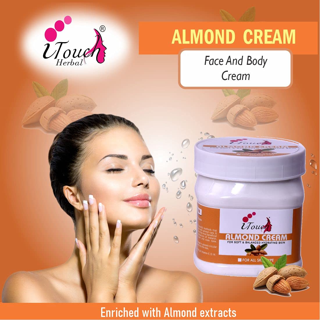 I TOUCH HERBAL Almond Cream for Face & Body - Moisturizing, Whitening & Brightening Cream | Softening & Nourishing Skin Care (500ml) | Perfect for Dry Skin & Nighttime Hydration