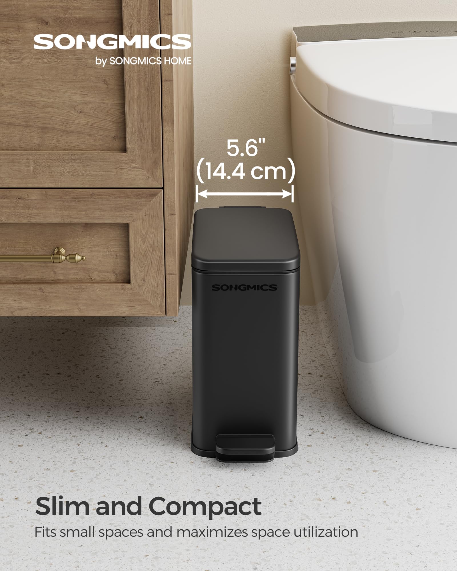 SONGMICS 1.3 Gallon Stainless Steel Bathroom Trash Can with Lid - Slim Small Garbage Bin for Tight Spaces, Soft Close Design, Black (ULTB560B05) - Perfect for Bathrooms, Kitchens, Offices & Small Apartments
