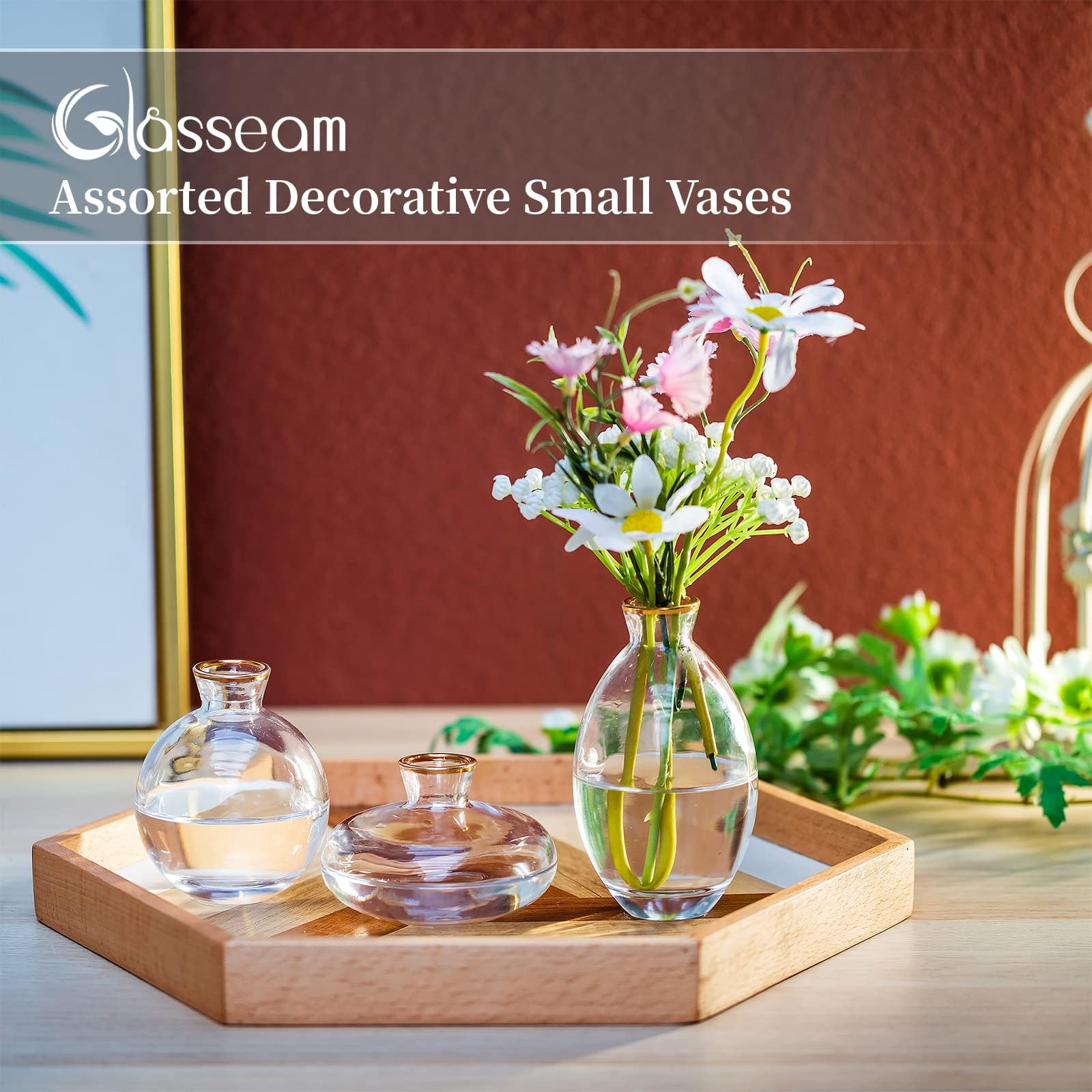 6Pcs Glass Bud Vases with Gold Rim - Modern Mini Flower Vases for Wedding Centerpieces, Table Decor, Bulk Floral Arrangements - Perfect for Home Decor, Bridal Showers & Romantic Dinner Settings
