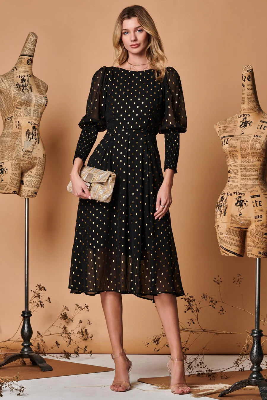 Elegant Metallic Chiffon Puff Sleeve Midi Dress in Black - Perfect for Evening Parties, Weddings & Special Occasions