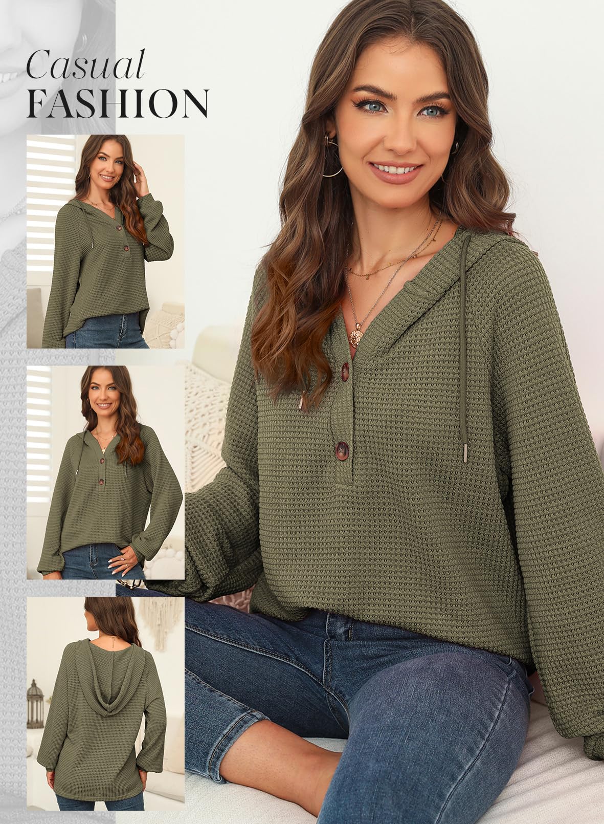 Dokotoo Women's Waffle Knit Hoodie - Long Sleeve Button V-Neck Pullover Sweatshirt with Drawstring | Casual Loungewear for Fall & Winter | Perfect for Coffee Dates, Errands, and Cozy Evenings