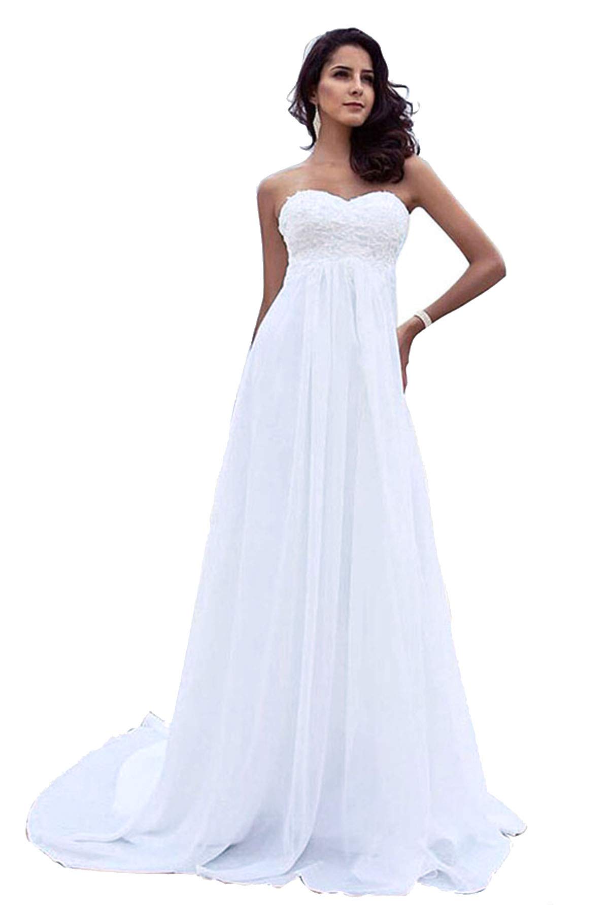 Plus Size Beach Wedding Dresses for Women - Elegant Long Lace Chiffon Bridal Gown with Pearl Details | Perfect for Destination Weddings, Beach Ceremonies & Romantic Photos