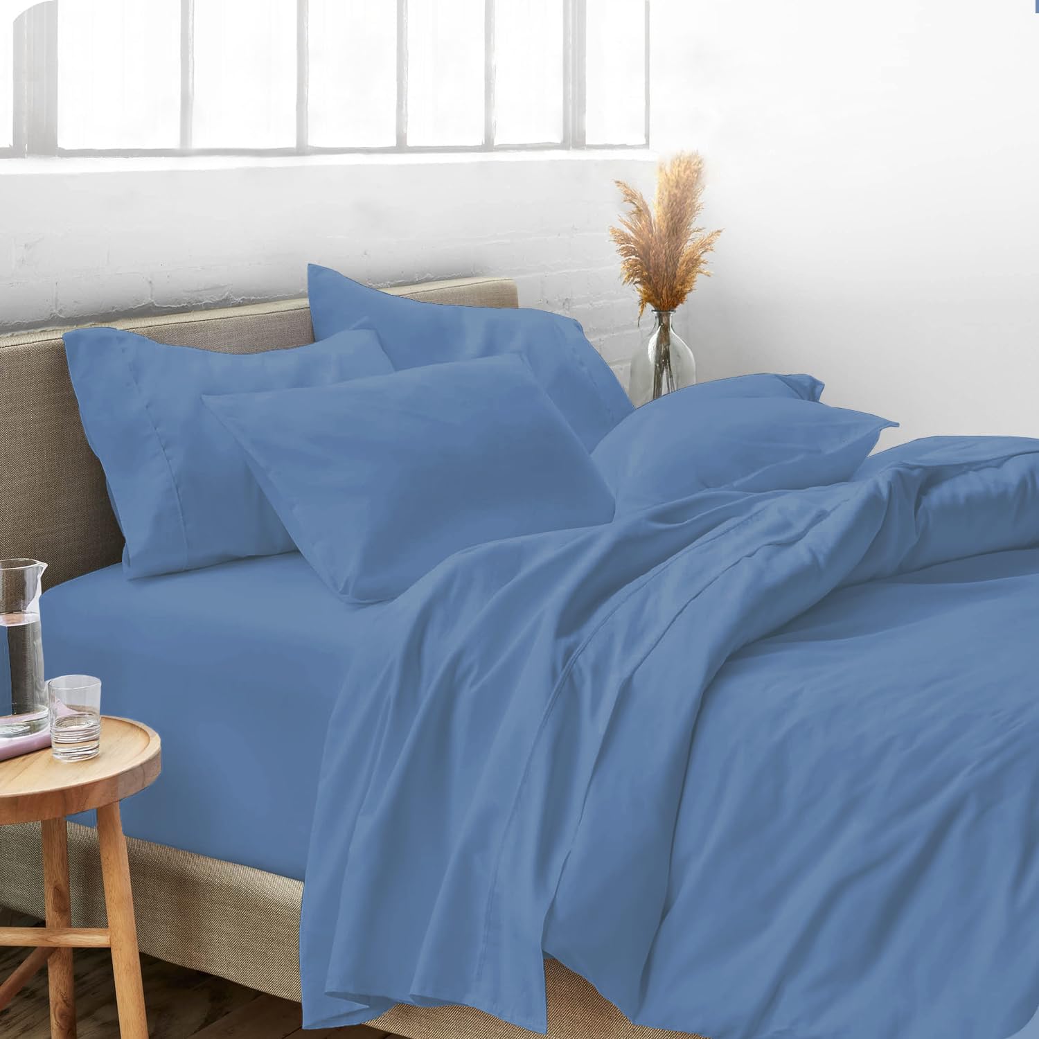 Luxury 800 Thread Count King Size Egyptian Cotton Bed Sheet Set - 6 Piece (Fitted Sheet, Flat Sheet, 4 Pillowcases) - Medium Blue Solid - 15