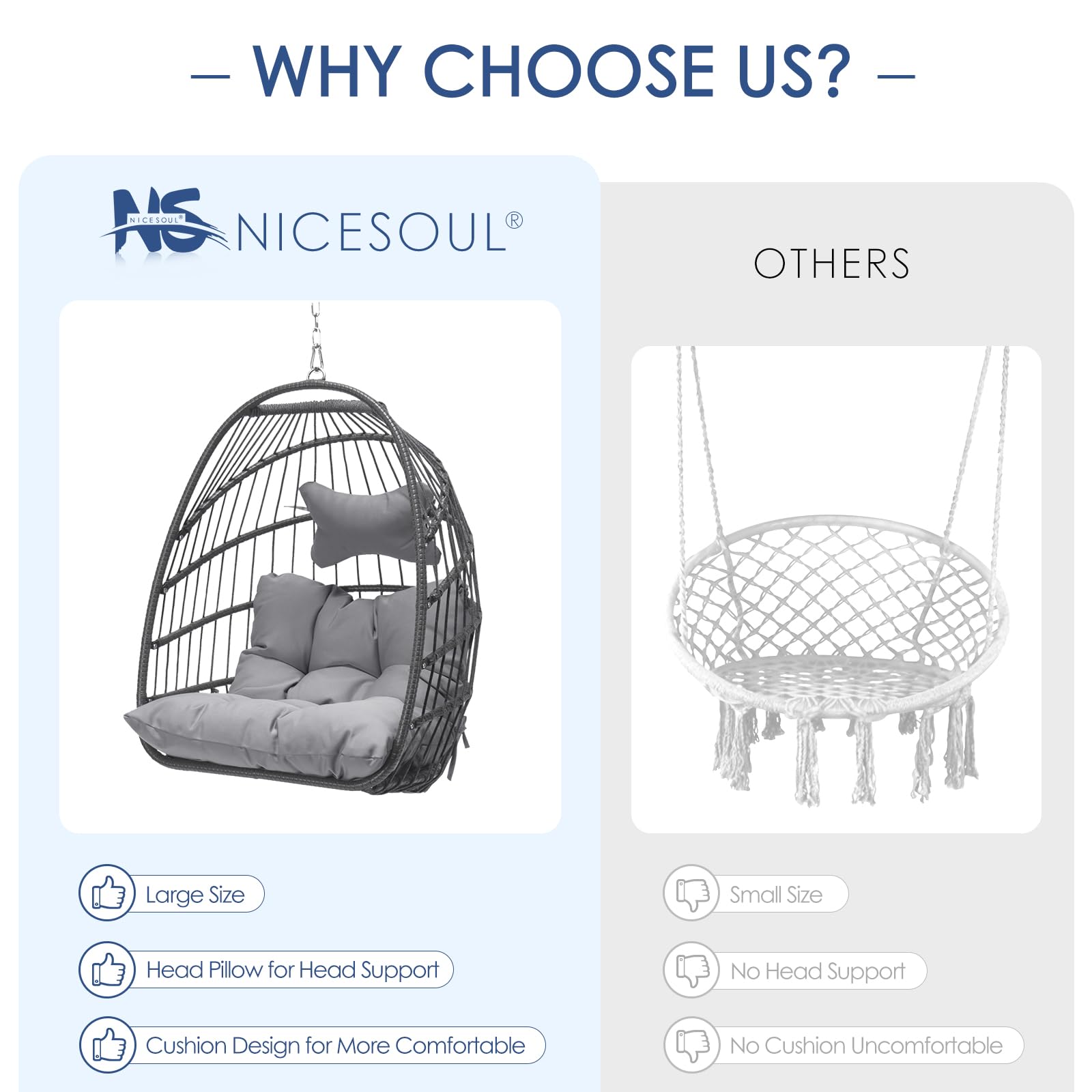 Nicesoul Hanging Egg Chair Without Stand - Indoor/Outdoor Swing Egg Basket with Cushion, 300lbs Capacity - Gray Hammock Chair for Patio, Backyard, Balcony, Bedroom, Porch - Perfect for Relaxing, Reading & Lounging