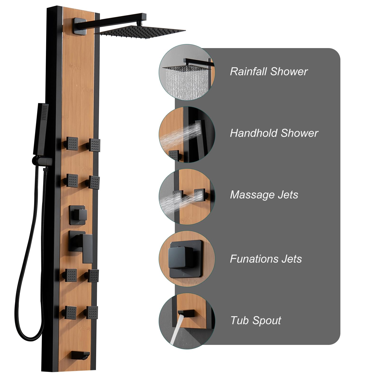 Premium BWE Stainless Steel 8-Jet Shower Panel System - Multi-Function Wall Mount Shower Column with Handheld Wand, Black & Bamboo Design for Luxurious Spa-Like Bathroom Experience