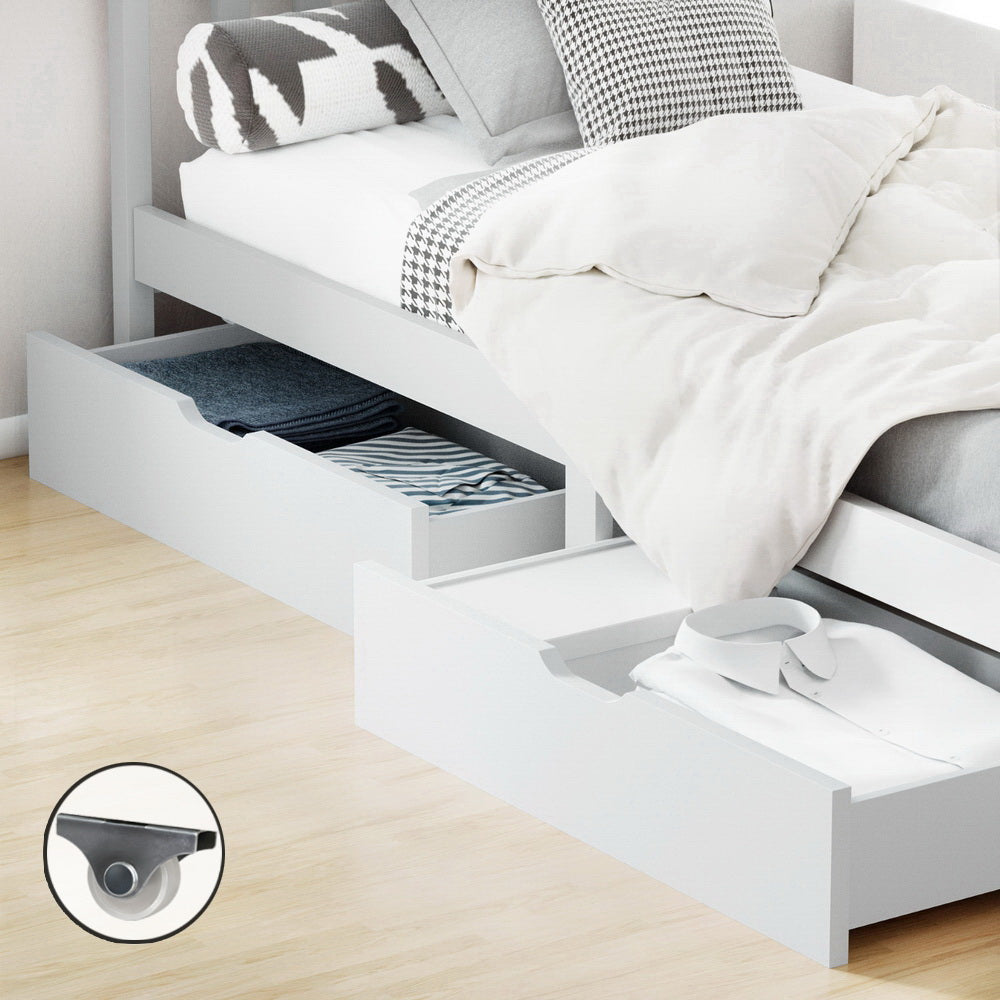 2-Pack White Wooden Storage Drawers Trundle for Single Bed Frame - Under Bed Organizer for Bedroom, Kids Room, Dormitory & Small Spaces