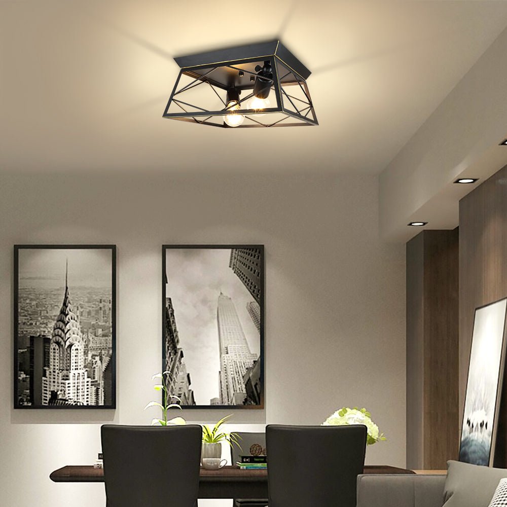 Farmhouse Flush Mount Ceiling Light Fixture - 2-Light Industrial Square Semi-Flush Mount Lamp with E26 Base for Bedroom, Kitchen, Hallway, Porch & Living Room - Rustic Home Decor Lighting for Cozy Ambiance