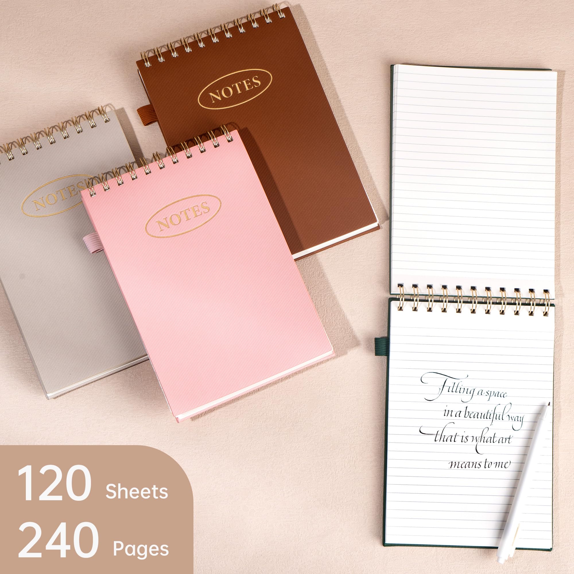 Yoment 6x9 Inch Leather Spiral Notebook - 240 Pages, 100 GSM College Ruled Paper, Top Bound Steno Pad for Left Handed Users - Perfect for Office, School & Work Notes (Beige) | Durable Writing Journal for Meetings, Lectures & Daily Planning