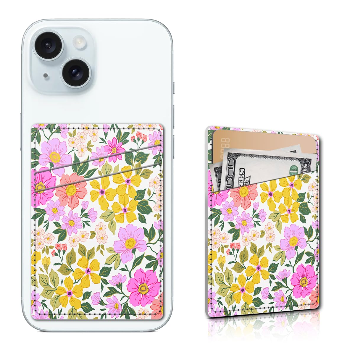 Leather Card Holder for Phone Case - Slim Wallet Sleeve with Dual Pockets for Credit Cards & ID - Stick-on Design Fits Most Smartphones - Bright Floral Pattern - Perfect for Travel, Shopping & Everyday Use