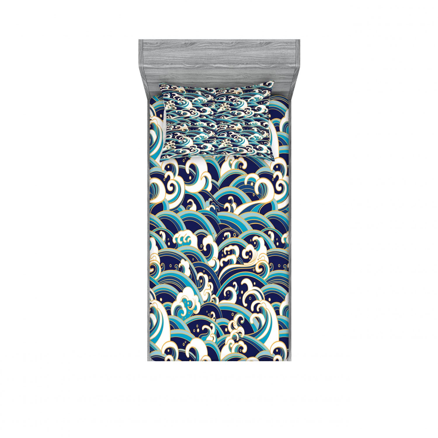 Ambesonne Nautical 2-Pack Twin Fitted Sheet & Pillow Sham Set - Ocean Waves Design, Blue and White 4-Piece Bedding Set for Kids & Teens - Perfect for Beach House, Dorm Room, or Coastal-Themed Bedroom Decor