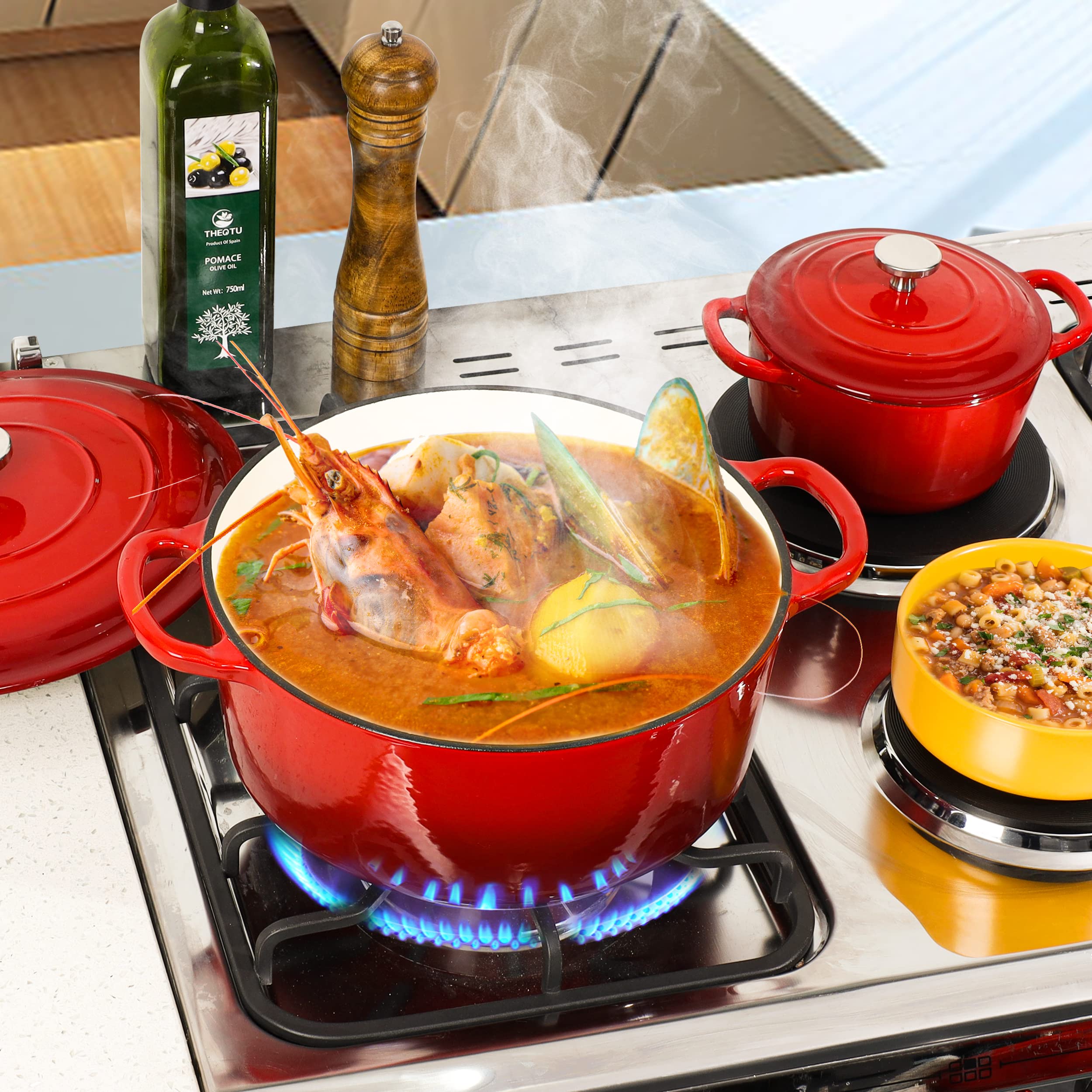 Premium Enameled Cast Iron Dutch Oven Set with Lids - 2-Piece Nonstick Cookware (6QT & 1.5QT) for Baking Bread, Braising, Stewing & Slow Cooking - Vibrant Red Enameled Pots for Oven, Stovetop & Camping Use