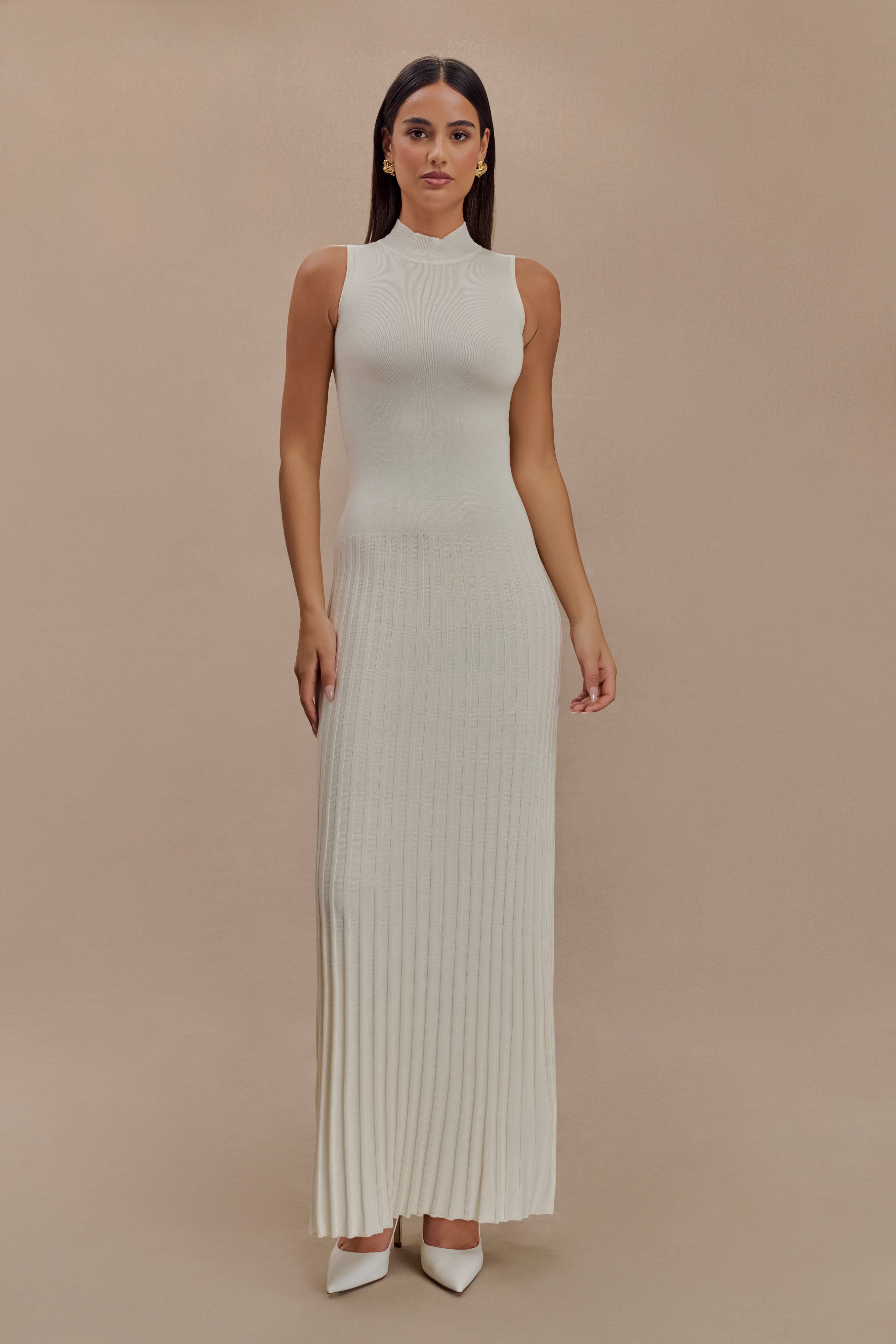 Elegant Mavis High Neck Pleated Maxi Dress in Ivory - Perfect for Weddings, Parties & Special Occasions