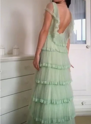 Elegant A-Line Green Tulle Layered Prom Dress J3944 | Formal Evening Gown for Homecoming, Quinceañera & Special Occasions
