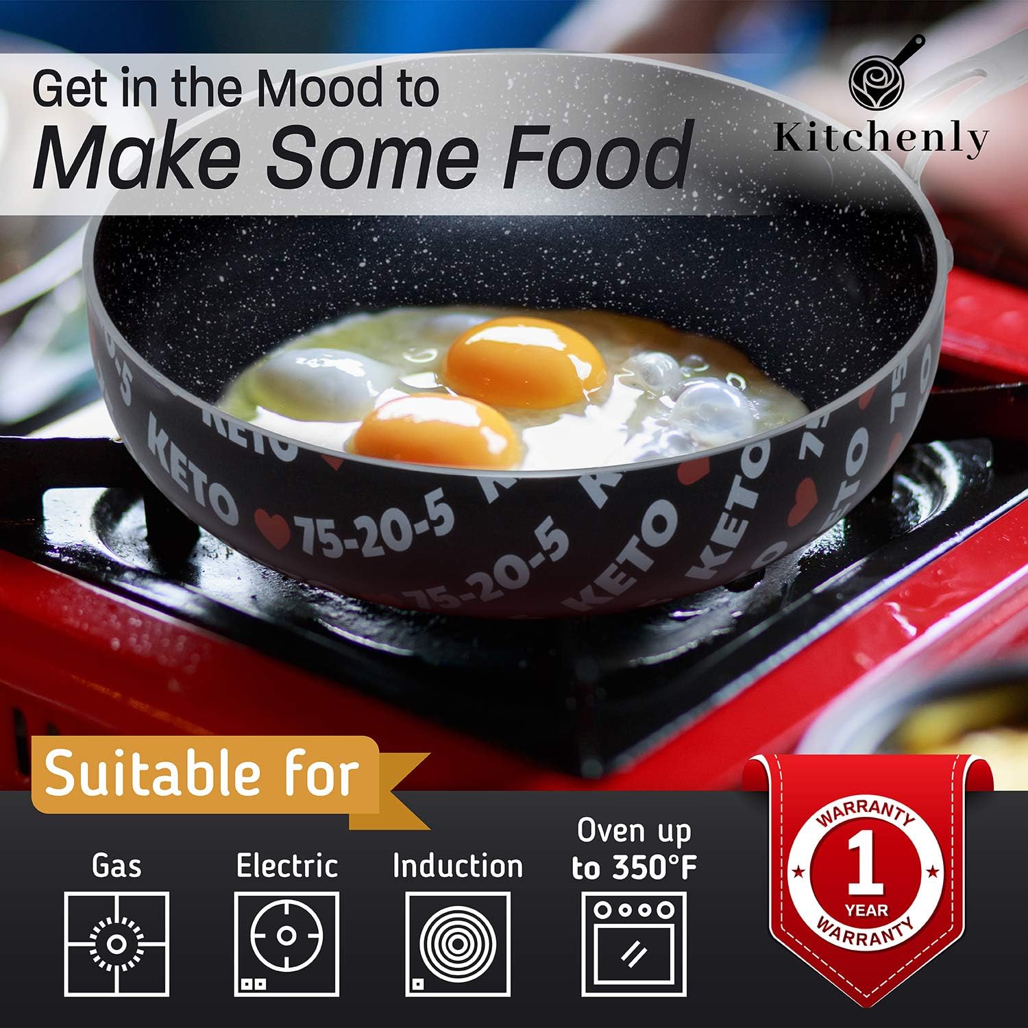 KITCHENLY™ 11 Inch Nonstick Deep Frying Pan with Lid - Stone Coated Cookware for Gas, Electric & Induction Stoves - Perfect for Sautéing, Frying & Oven Cooking