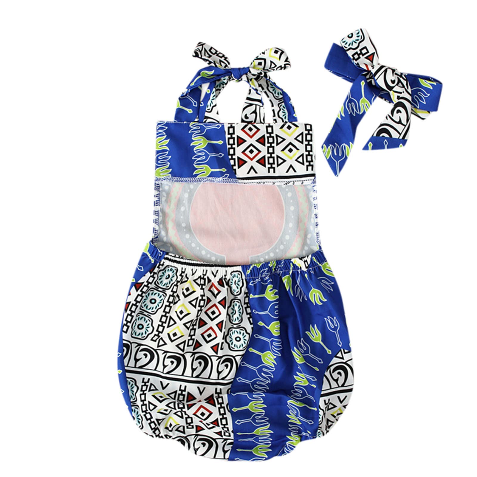 African Ankara Dashiki Baby Girl Romper - Sleeveless Traditional Jumpsuit with Headband | Newborn Spring Outfit in Blue | Perfect for Photoshoots, Christenings & Special Occasions